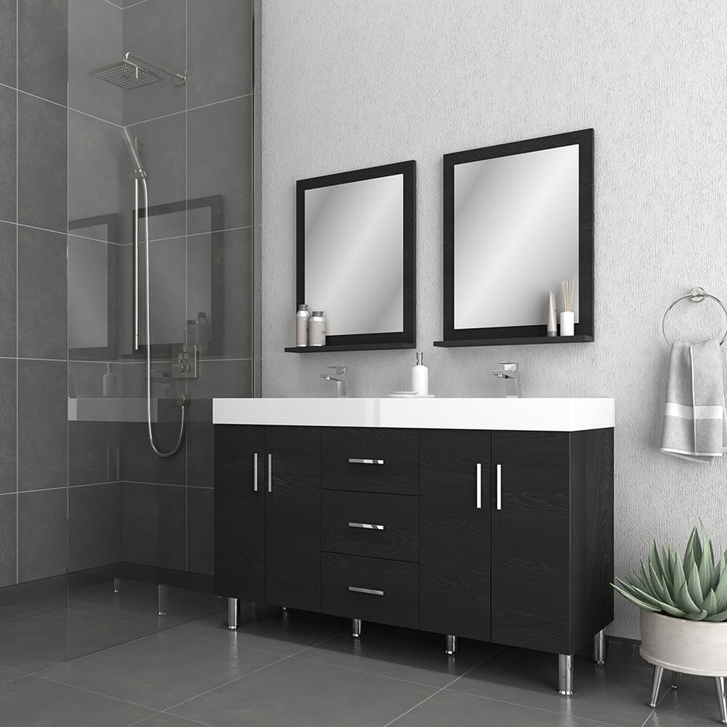Alya Bath Ripley 56" Double Black Modern Freestanding Bathroom Vanity With Integrated Acrylic Top, Acrylic Sink and Wall Mounted Mirror - AT-8043-B-D+2x AT-24-M-B