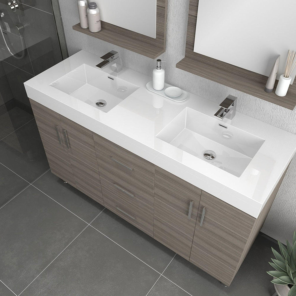 Alya Bath Ripley  56" Double Gray Modern Freestanding  Bathroom Vanity With Integrated Acrylic Top, Acrylic Sink and Wall Mounted Mirror - AT-8043-G-D+2x AT-24-M-G