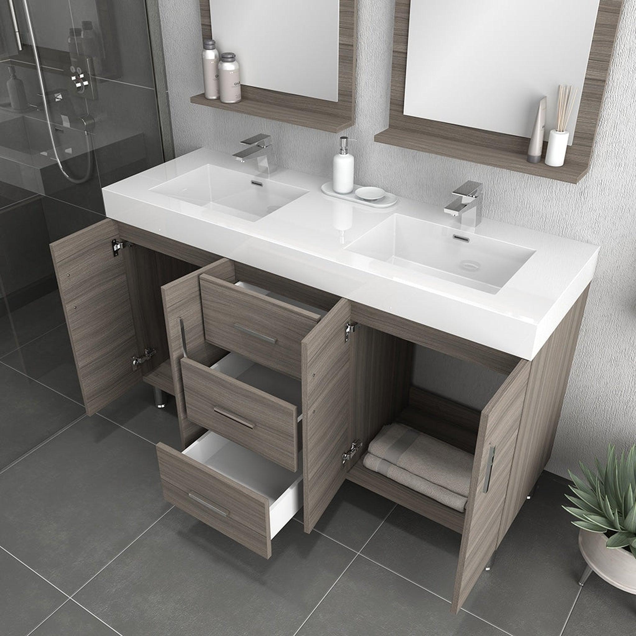 Alya Bath Ripley  56" Double Gray Modern Freestanding  Bathroom Vanity With Integrated Acrylic Top, Acrylic Sink and Wall Mounted Mirror - AT-8043-G-D+2x AT-24-M-G