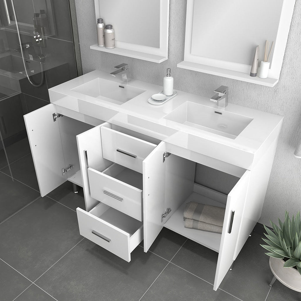 Alya Bath Ripley 56" Double White Modern Freestanding Double Bathroom Vanity With Integrated Acrylic Top, Acrylic Sink and Wall Mounted Mirror - AT-8043-W-D+2x AT-24-M-W