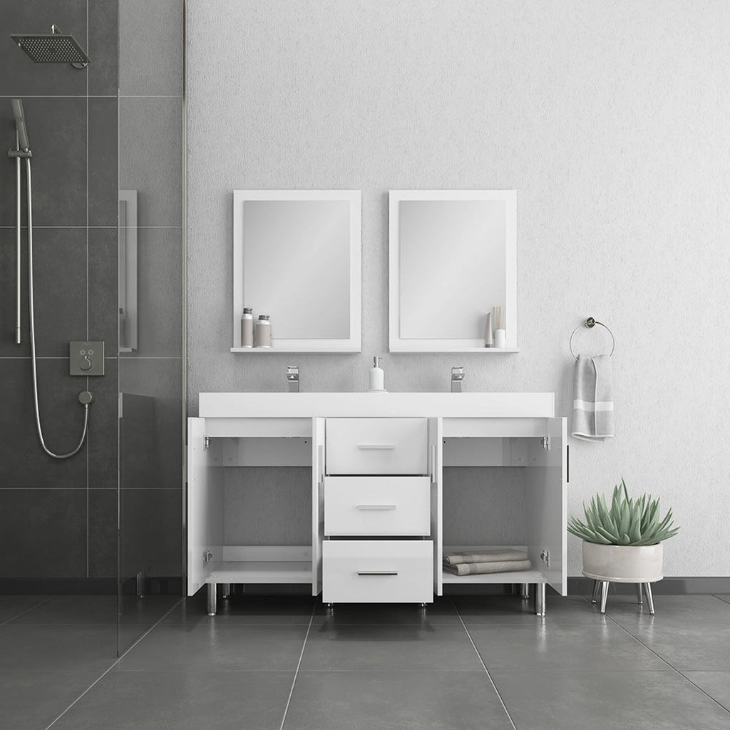 Alya Bath Ripley 56" Double White Modern Freestanding Double Bathroom Vanity With Integrated Acrylic Top, Acrylic Sink and Wall Mounted Mirror - AT-8043-W-D+2x AT-24-M-W
