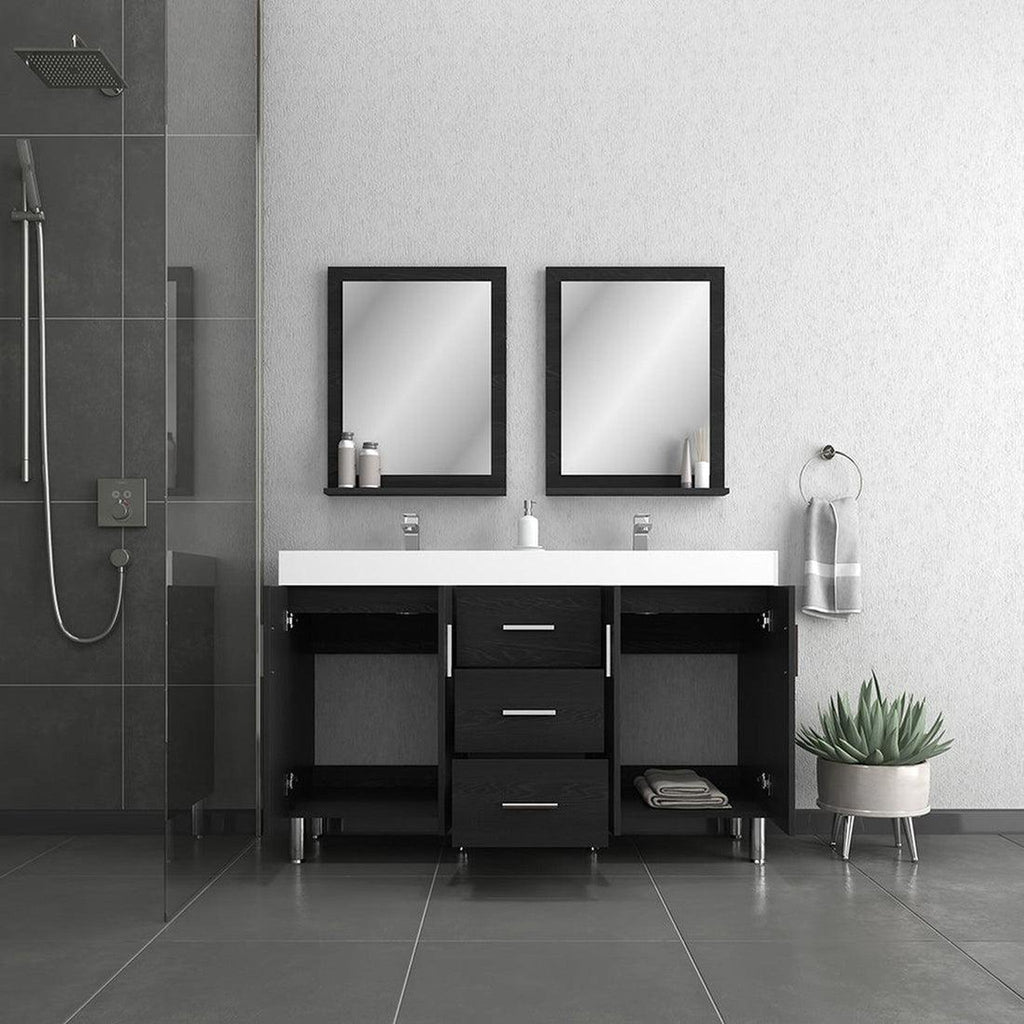 Alya Bath Ripley 60" Double Black Modern Freestanding Bathroom Vanity With Integrated Acrylic Top, Acrylic Sink and Wall Mounted Mirror - AT-8043-B-60+2x AT-24-M-B