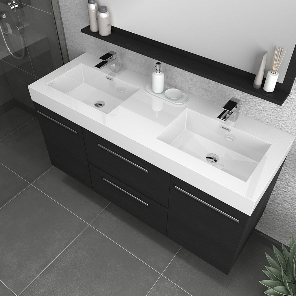 Alya Bath Ripley 60" Double Black Modern Wall Mounted Bathroom Vanity With Integrated Acrylic Top, Acrylic Sink and Wall Mounted Mirror - AT-8047-B-60+AT-48-M-B