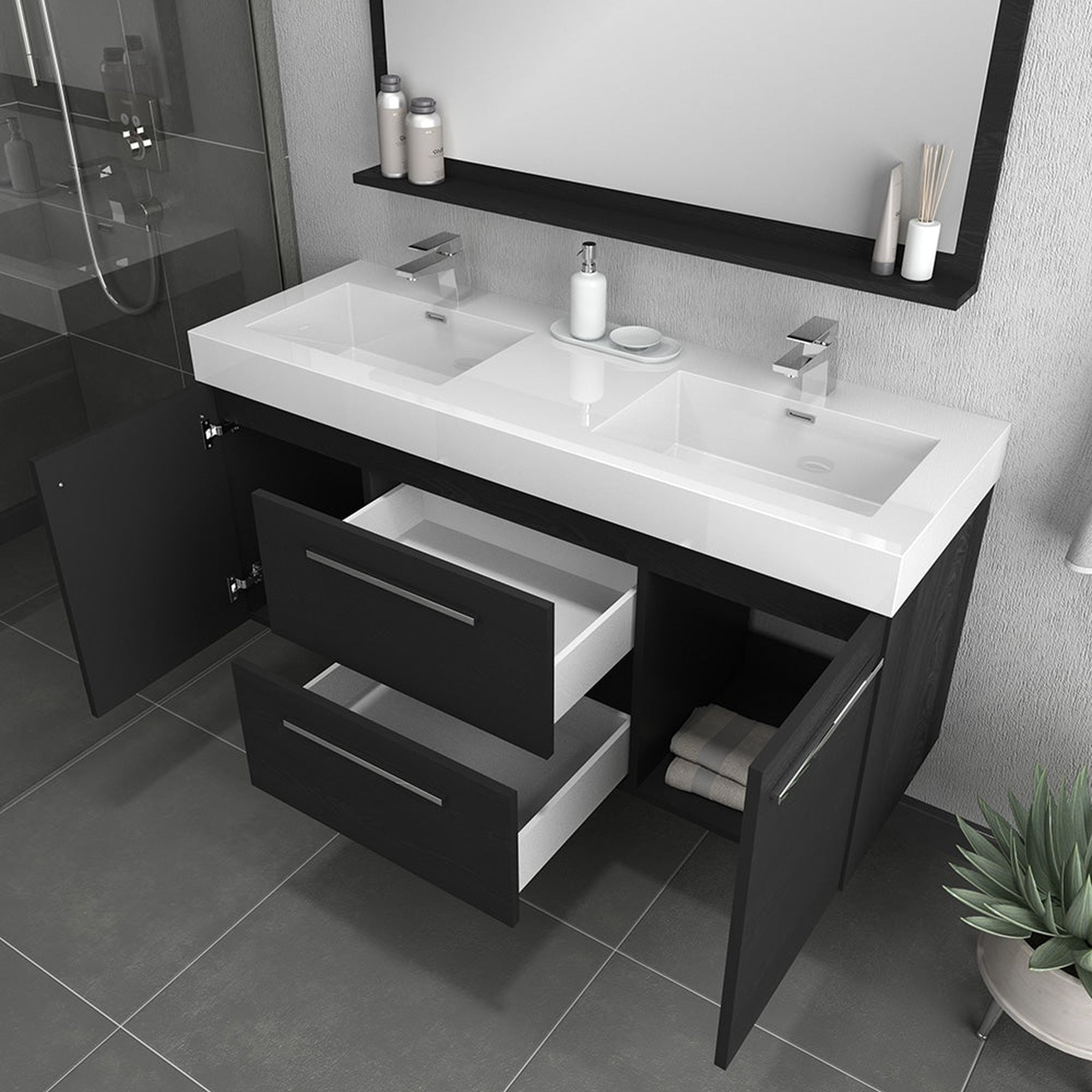 Alya Bath Ripley 60" Double Black Modern Wall Mounted Bathroom Vanity With Integrated Acrylic Top, Acrylic Sink and Wall Mounted Mirror - AT-8047-B-60+AT-48-M-B