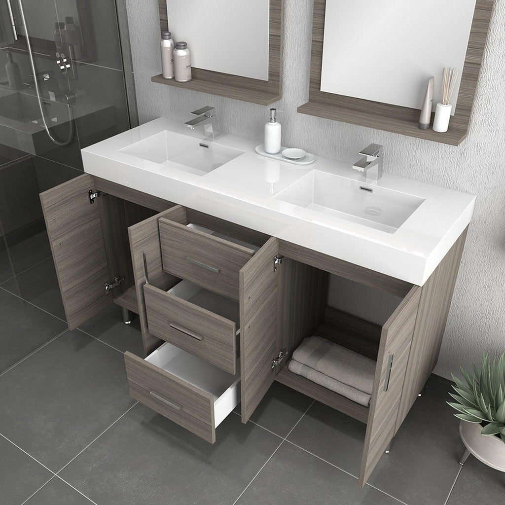 Alya Bath Ripley 60" Double Gray Modern Freestanding Bathroom Vanity With Integrated Acrylic Top, Acrylic Sink and Wall Mounted Mirror - AT-8043-G-60+2x AT-24-M-G