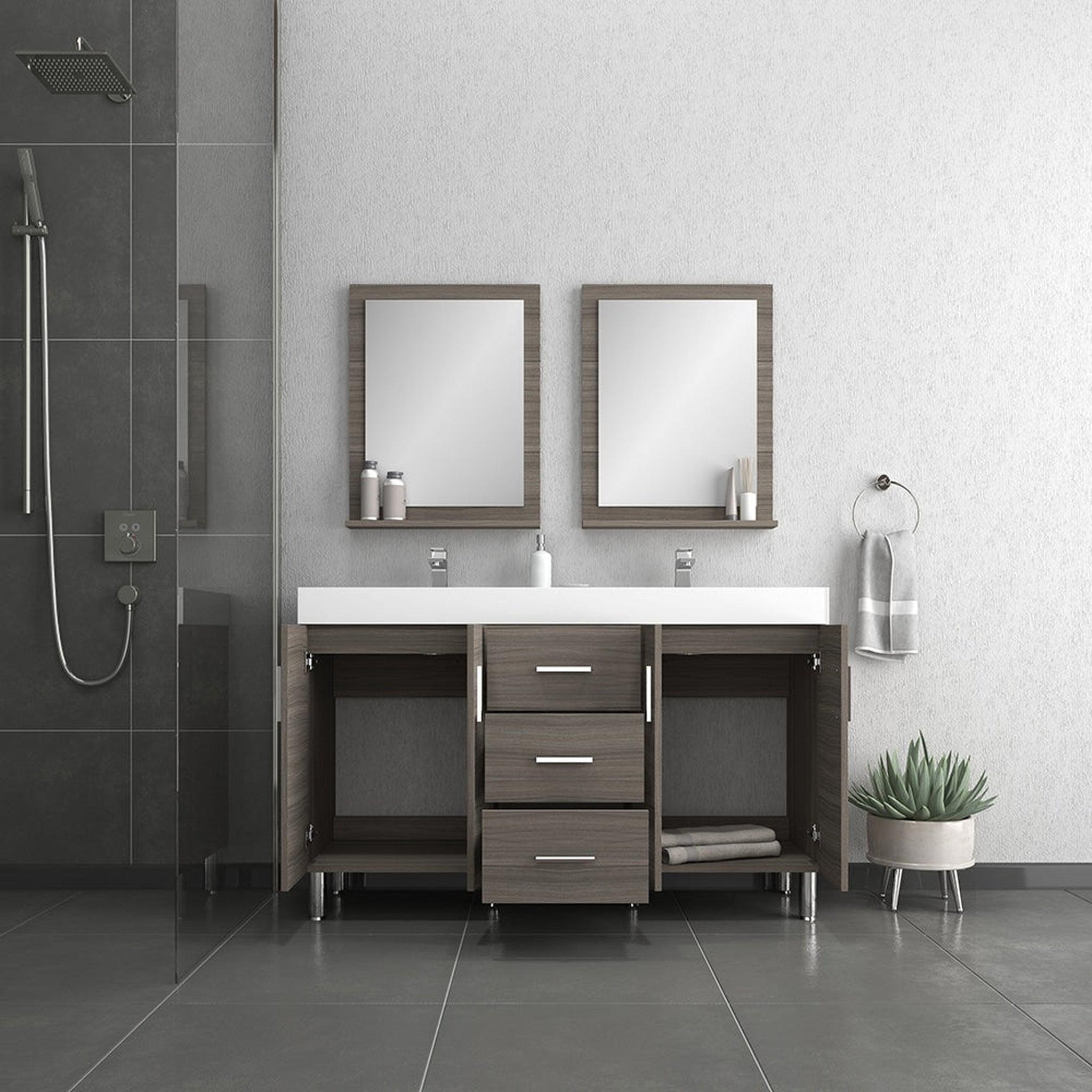 Alya Bath Ripley 60" Double Gray Modern Freestanding Bathroom Vanity With Integrated Acrylic Top, Acrylic Sink and Wall Mounted Mirror - AT-8043-G-60+2x AT-24-M-G