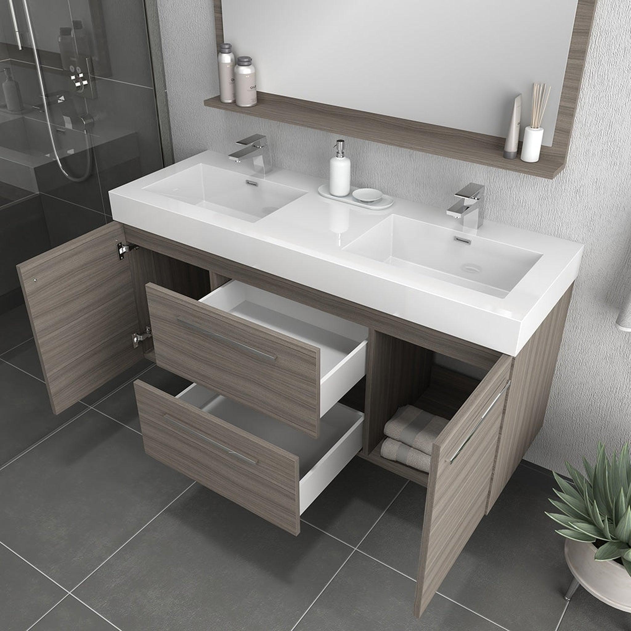 Alya Bath Ripley 60" Double Gray Modern Wall Mounted Bathroom Vanity With Integrated Acrylic Top, Acrylic Sink and Wall Mounted Mirror - AT-8047-G-60+AT-48-M-G
