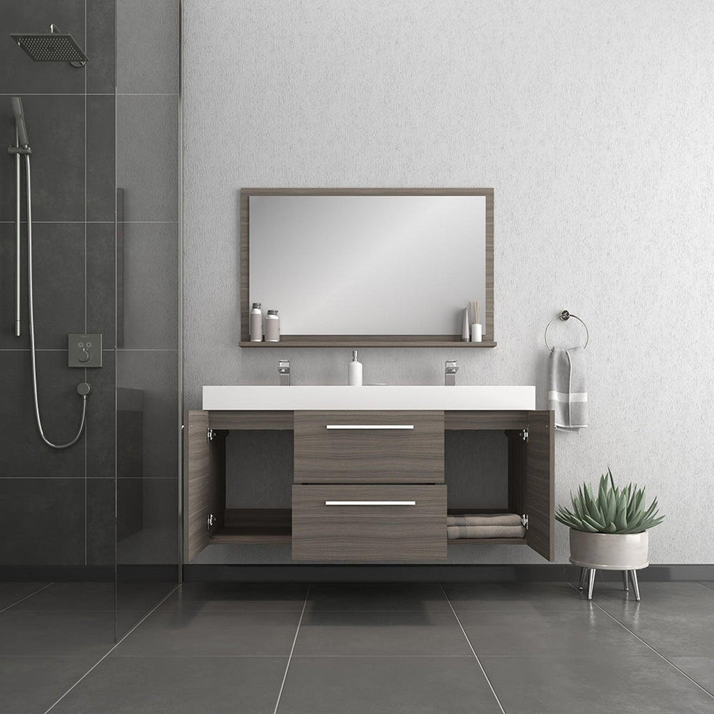 Alya Bath Ripley 60" Double Gray Modern Wall Mounted Bathroom Vanity With Integrated Acrylic Top, Acrylic Sink and Wall Mounted Mirror - AT-8047-G-60+AT-48-M-G