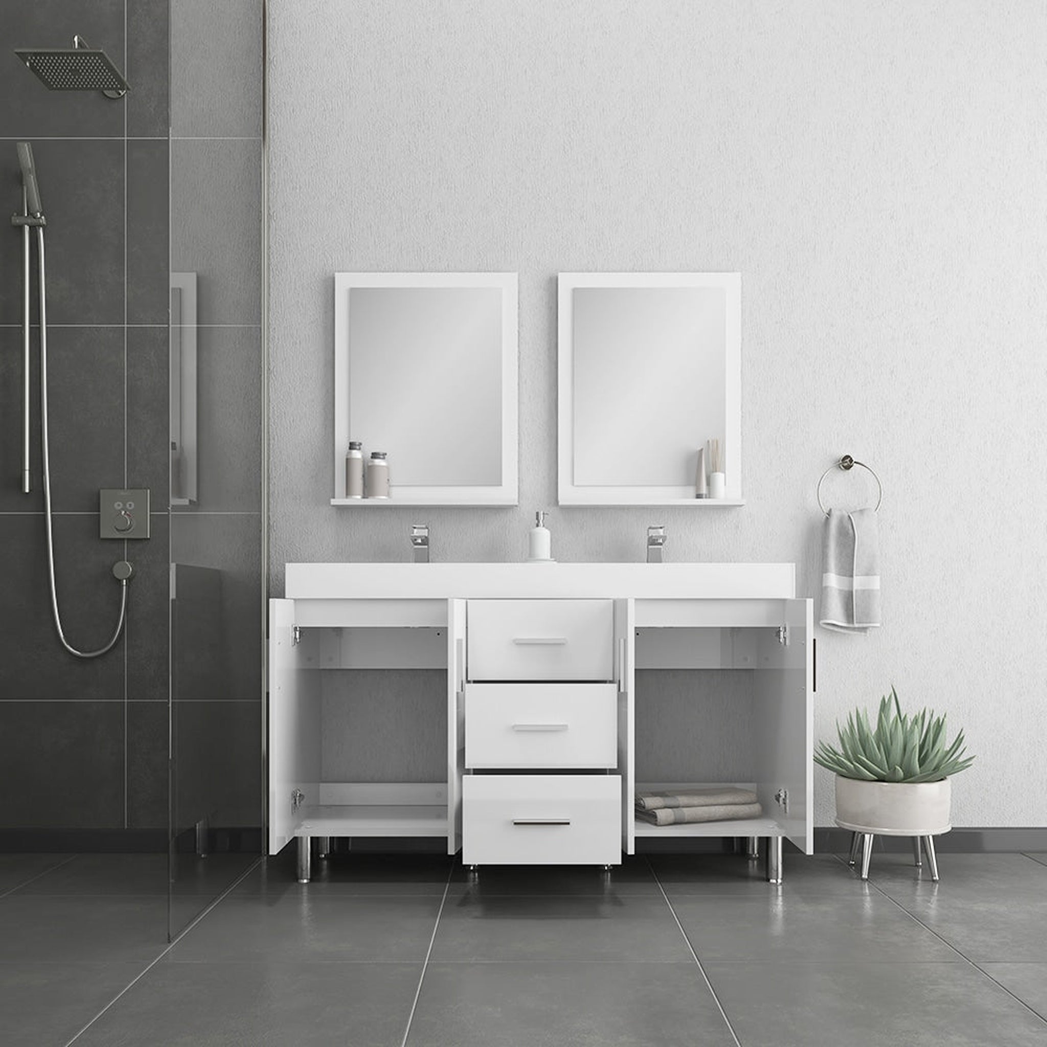 Alya Bath Ripley 60" Double White Modern Freestanding Double Bathroom Vanity With Integrated Acrylic Top, Acrylic Sink and Wall Mounted Mirror - AT-8043-W-60+2x AT-24-M-W