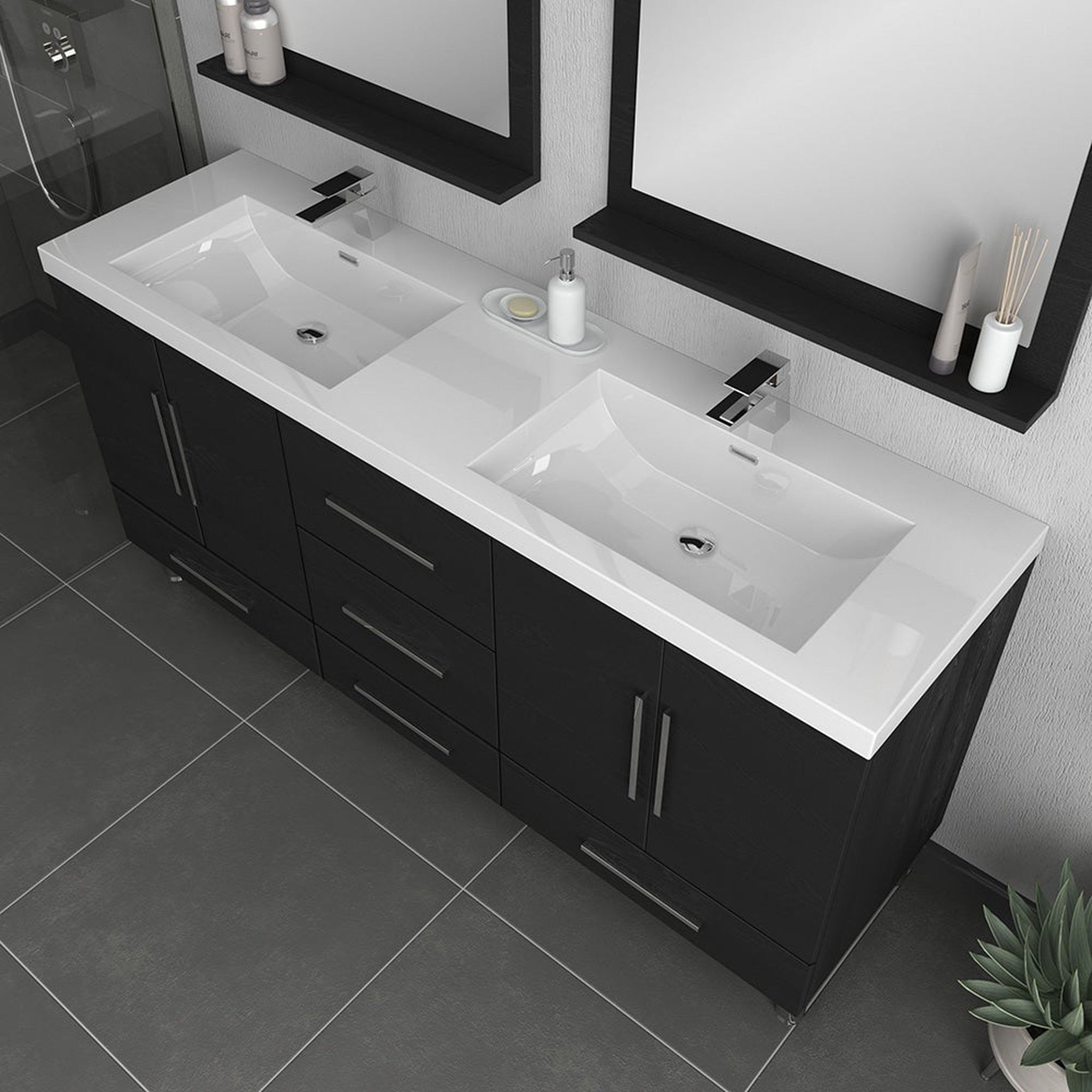 Alya Bath Ripley 67" Double Black Modern Freestanding Bathroom Vanity With Integrated Acrylic Top, Acrylic Sink and Wall Mounted Mirror - AT-8063-B+2x AT-30-M-B