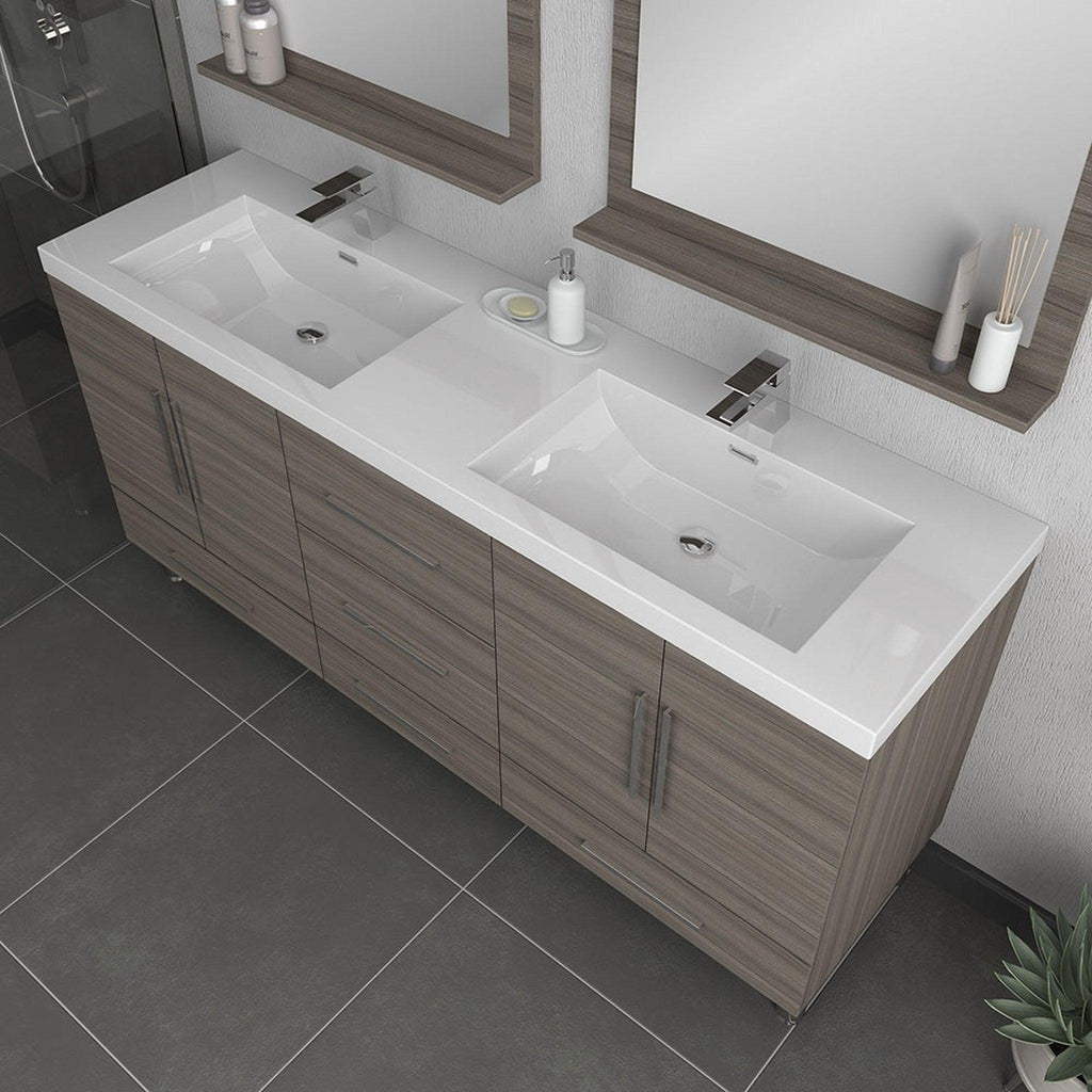 Alya Bath Ripley 67" Double Gray Modern Freestanding Bathroom Vanity With Integrated Acrylic Top, Acrylic Sink and Wall Mounted Mirror - AT-8063-G+2x AT-30-M-G