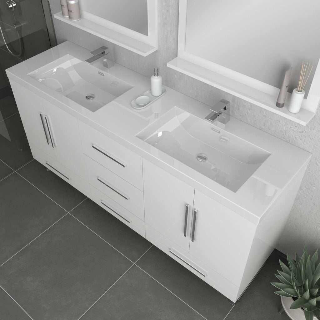 Alya Bath Ripley 72" Double White Modern Freestanding Bathroom Vanity With Integrated Acrylic Top, Acrylic Sink and Wall Mounted Mirror - AT-8063-W-72+2x AT-30-M-W