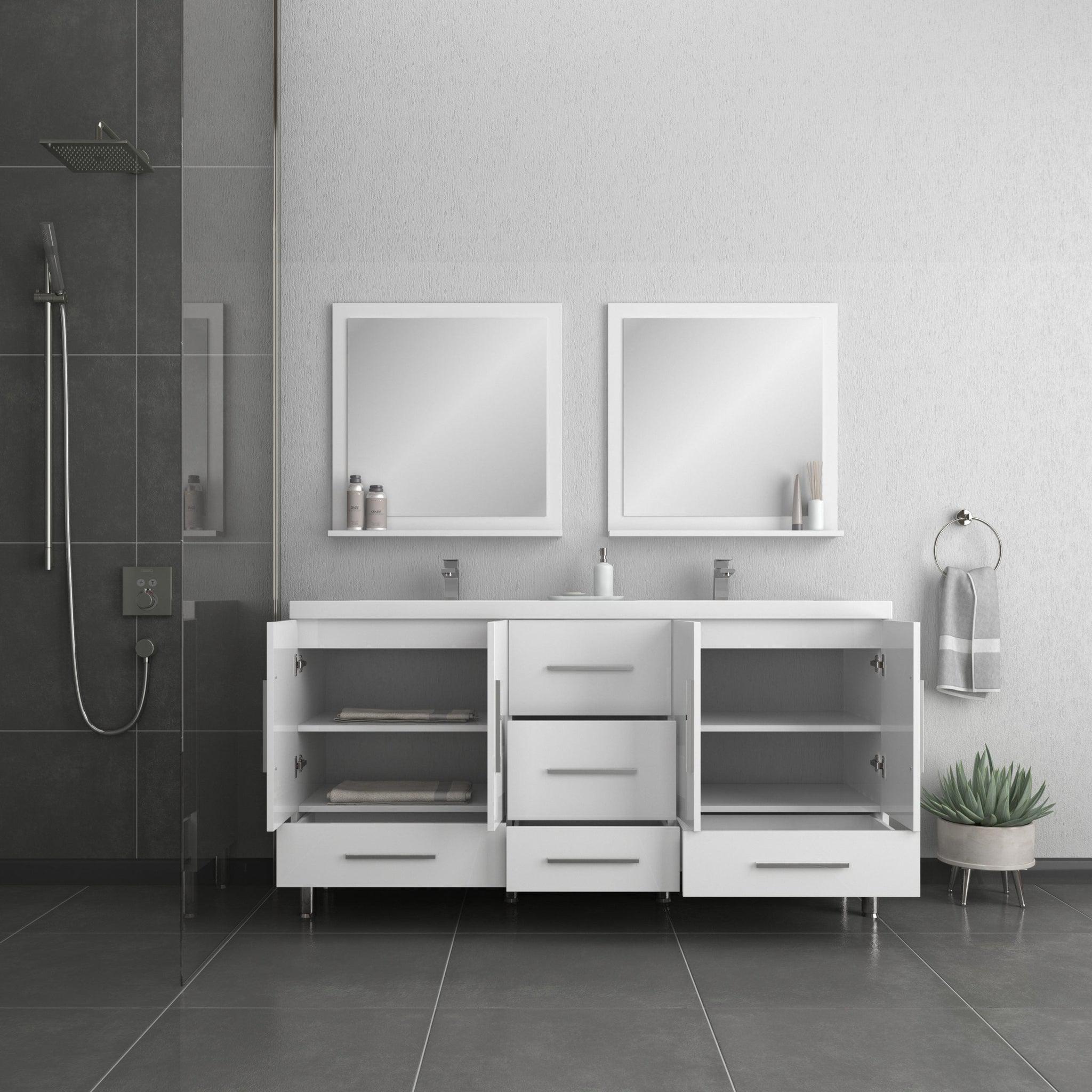 Alya Bath Ripley 72" Double White Modern Freestanding Bathroom Vanity With Integrated Acrylic Top, Acrylic Sink and Wall Mounted Mirror - AT-8063-W-72+2x AT-30-M-W