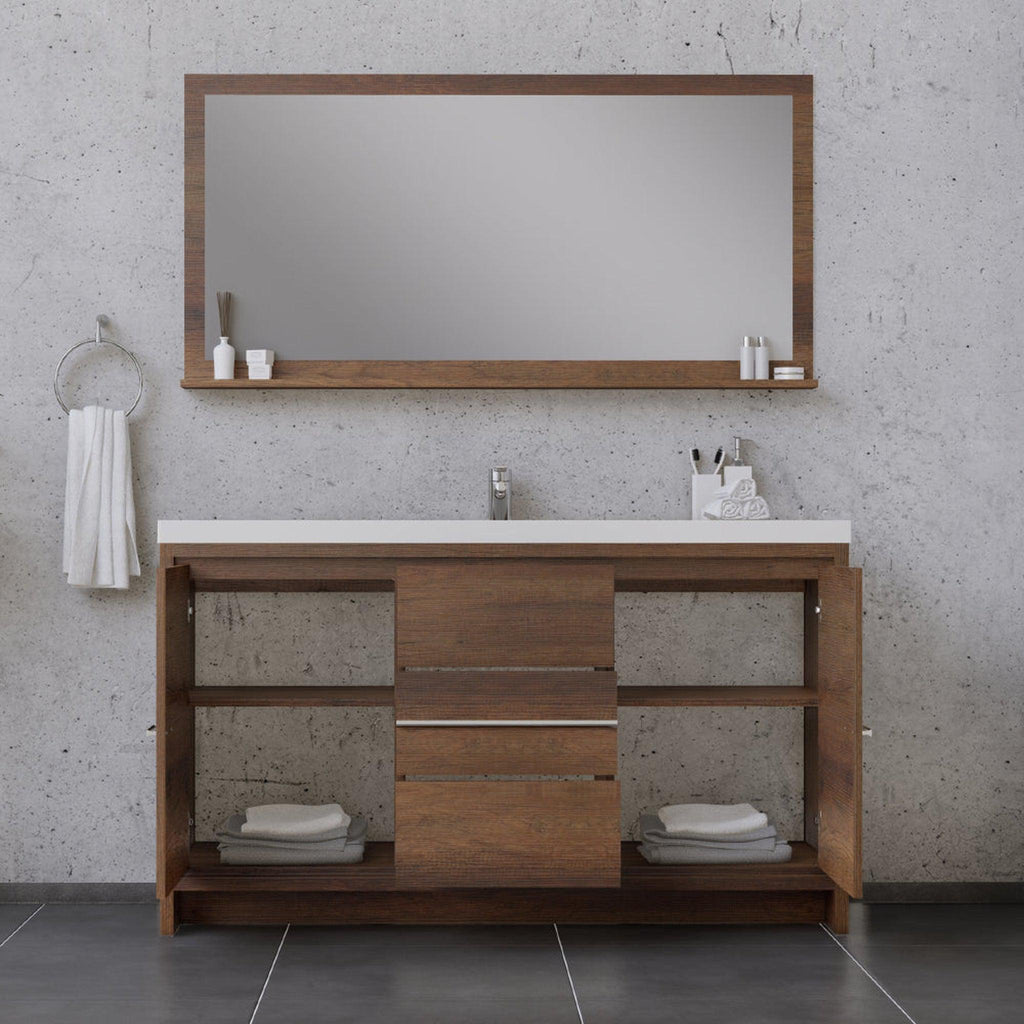 Alya Bath Sortino 60" Single Rosewood  Modern Freestanding  Bathroom Vanity With Acrylic Top and Integrated Sink - AB-MD660S-RW