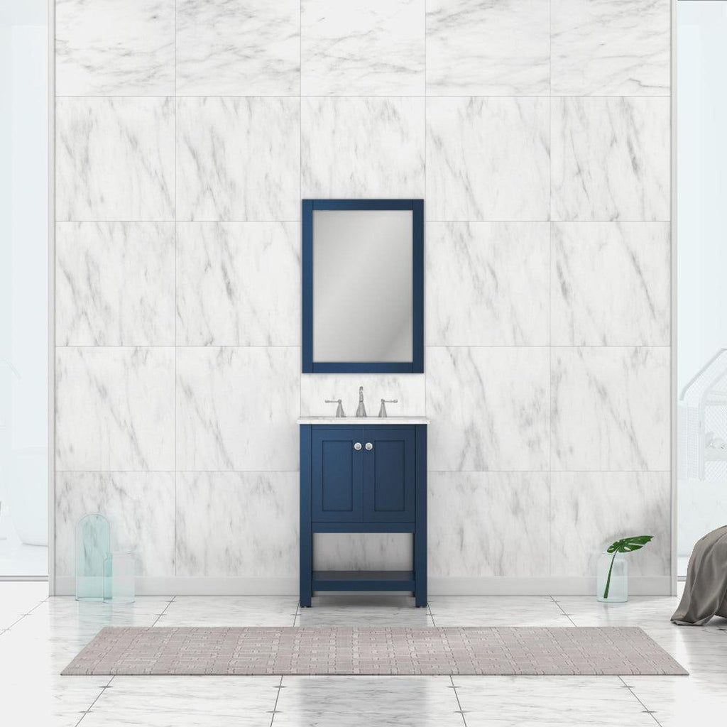Alya Bath Wilmington 24" Single Blue Freestanding  Bathroom Vanity With Carrara Marble Top, Ceramic Sink and Wall Mounted Mirror - HE-102-24-B-CWMT+HE-101/102-24-B-M