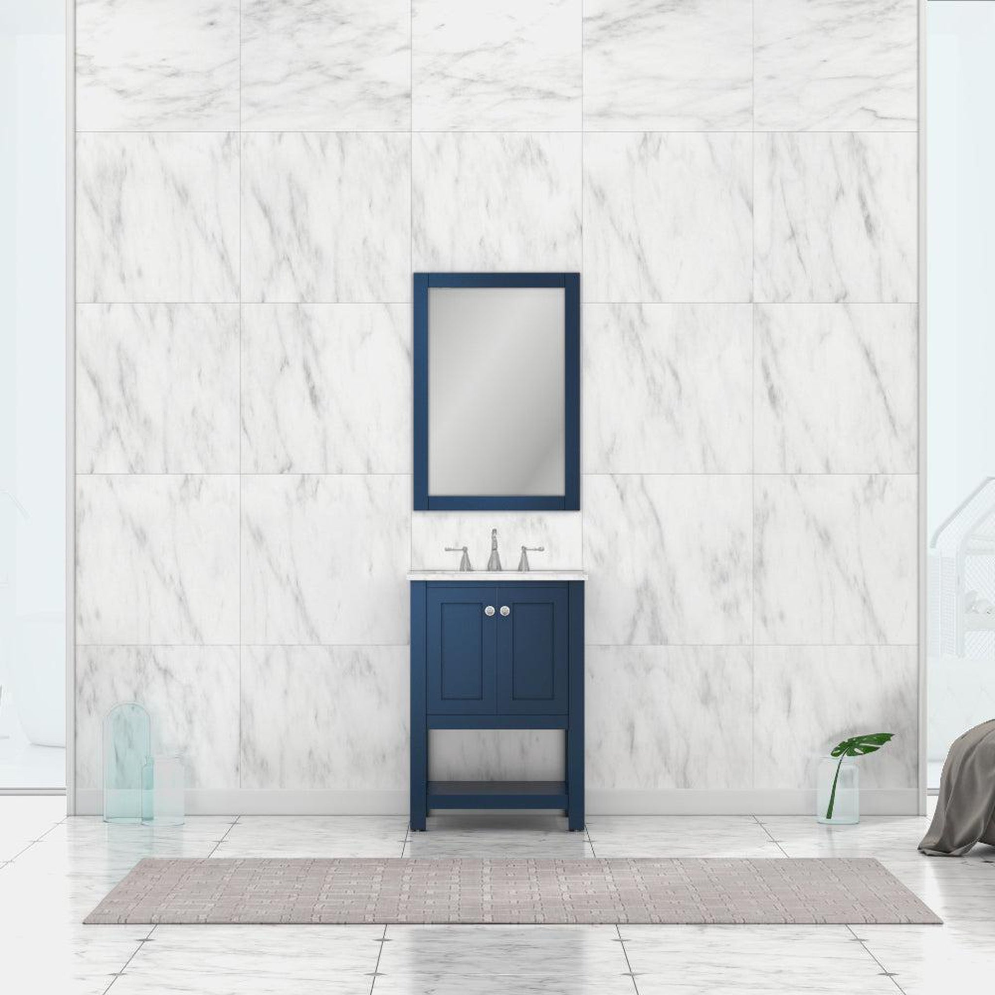 Alya Bath Wilmington 24" Single Blue Freestanding  Bathroom Vanity With Carrara Marble Top, Ceramic Sink and Wall Mounted Mirror - HE-102-24-B-CWMT+HE-101/102-24-B-M