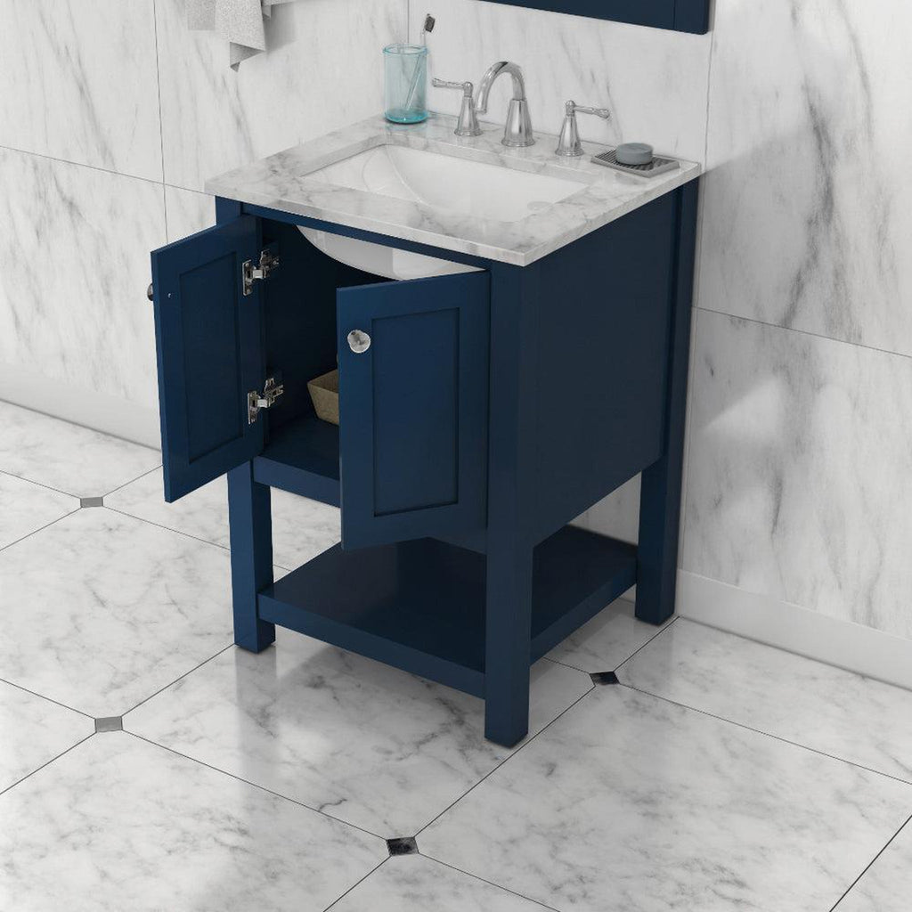 Alya Bath Wilmington 24" Single Blue Freestanding  Bathroom Vanity With Carrara Marble Top, Ceramic Sink and Wall Mounted Mirror - HE-102-24-B-CWMT+HE-101/102-24-B-M