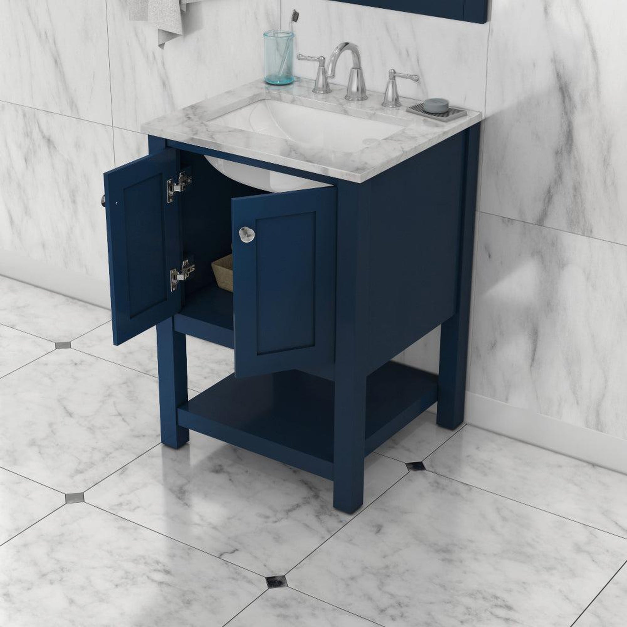 Alya Bath Wilmington 24" Single Blue Freestanding  Bathroom Vanity With Carrara Marble Top, Ceramic Sink and Wall Mounted Mirror - HE-102-24-B-CWMT+HE-101/102-24-B-M