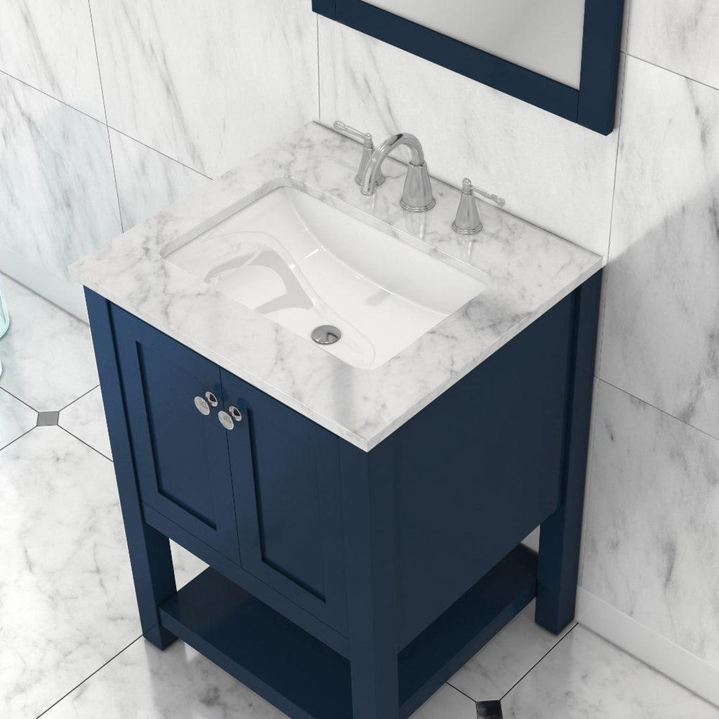 Alya Bath Wilmington 24" Single Blue Freestanding  Bathroom Vanity With Carrara Marble Top, Ceramic Sink and Wall Mounted Mirror - HE-102-24-B-CWMT+HE-101/102-24-B-M
