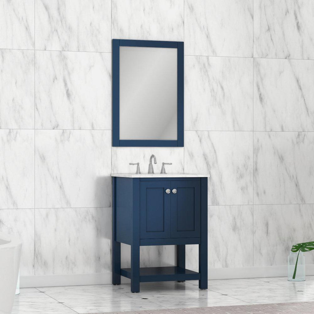 Alya Bath Wilmington 24" Single Blue Freestanding  Bathroom Vanity With Carrara Marble Top, Ceramic Sink and Wall Mounted Mirror - HE-102-24-B-CWMT+HE-101/102-24-B-M