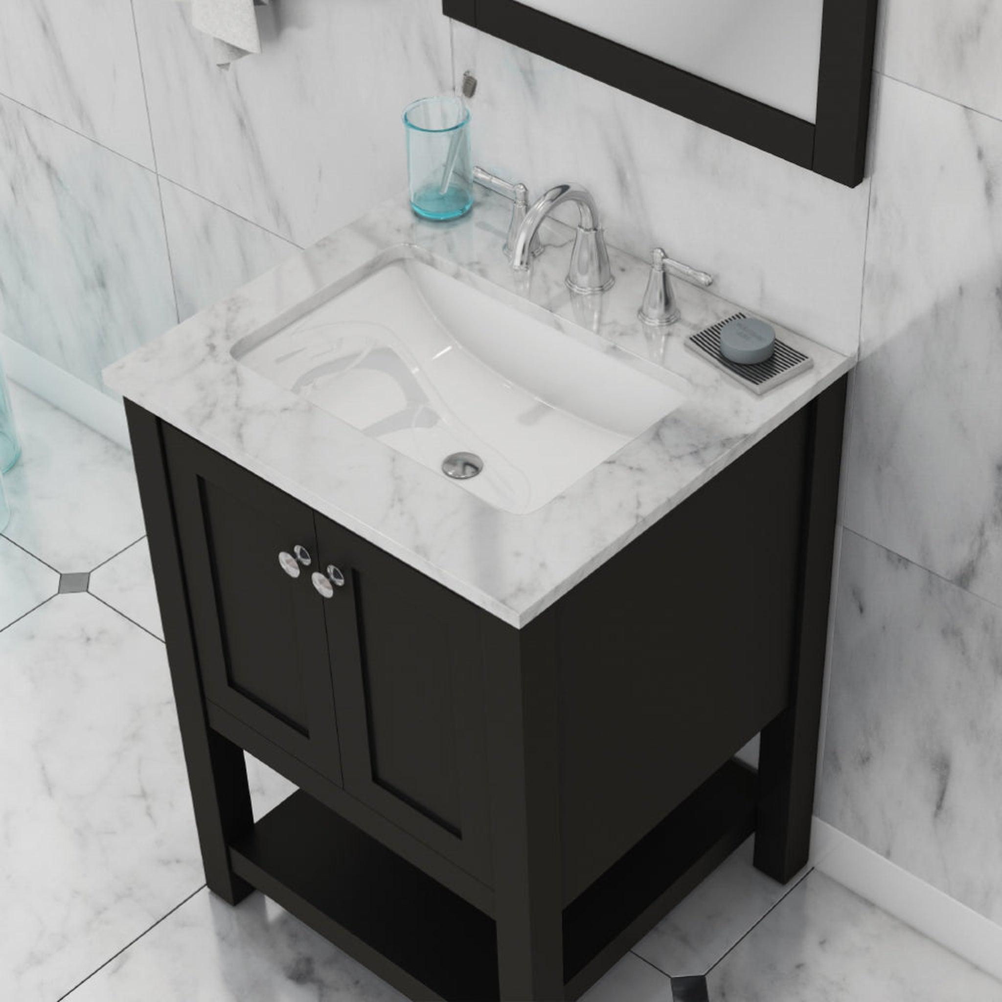 Alya Bath Wilmington 24" Single Espresso Freestanding Single Bathroom Vanity With Carrara Marble Top, Ceramic Sink and Wall Mounted Mirror - HE-102-24-E-CWMT+HE-101/102-24-E-M