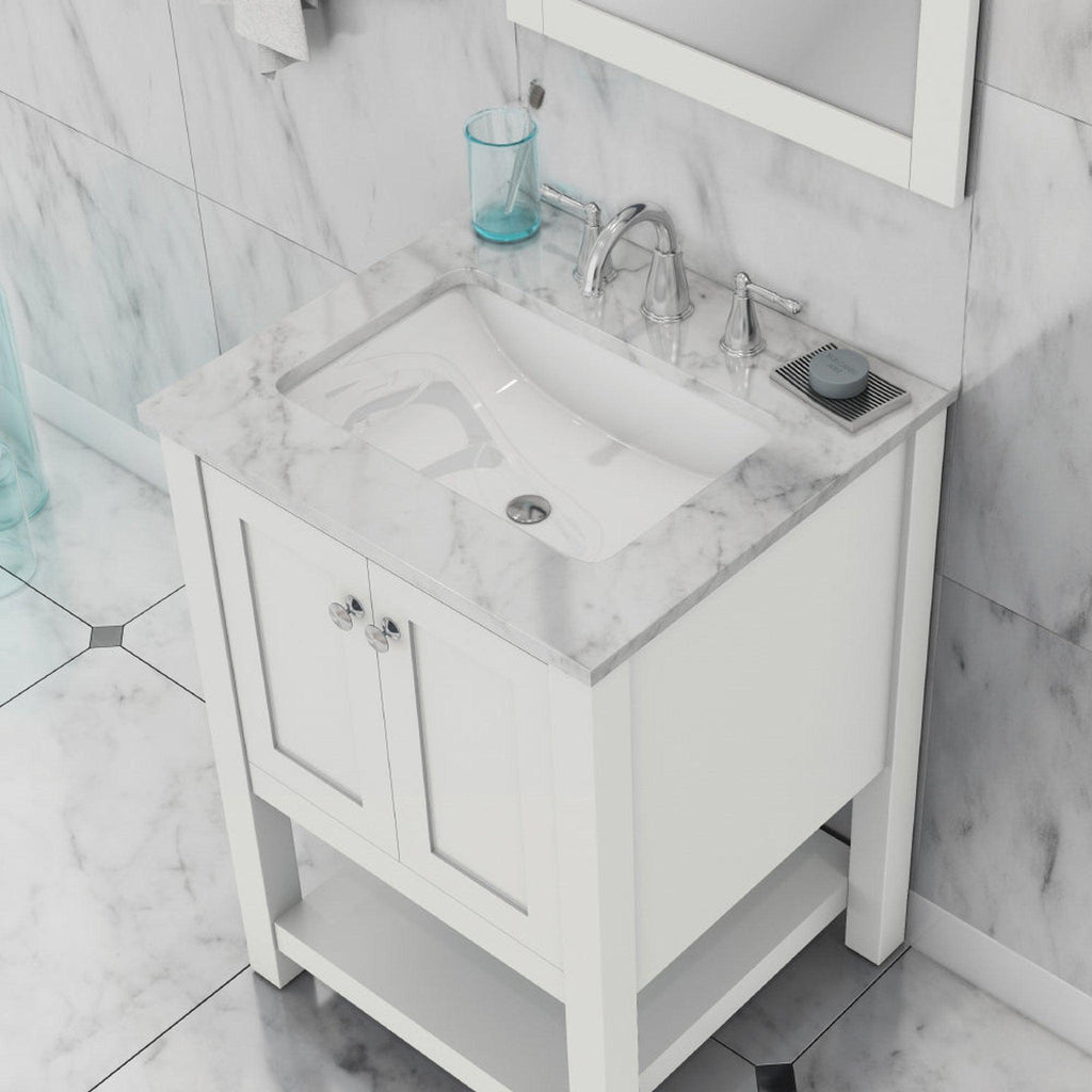 Alya Bath Wilmington 24" Single White Freestanding Single Bathroom Vanity With Carrara Marble Top, Ceramic Sink and Wall Mounted Mirror - HE-102-24-W-CWMT+HE-101/102-24-W-M