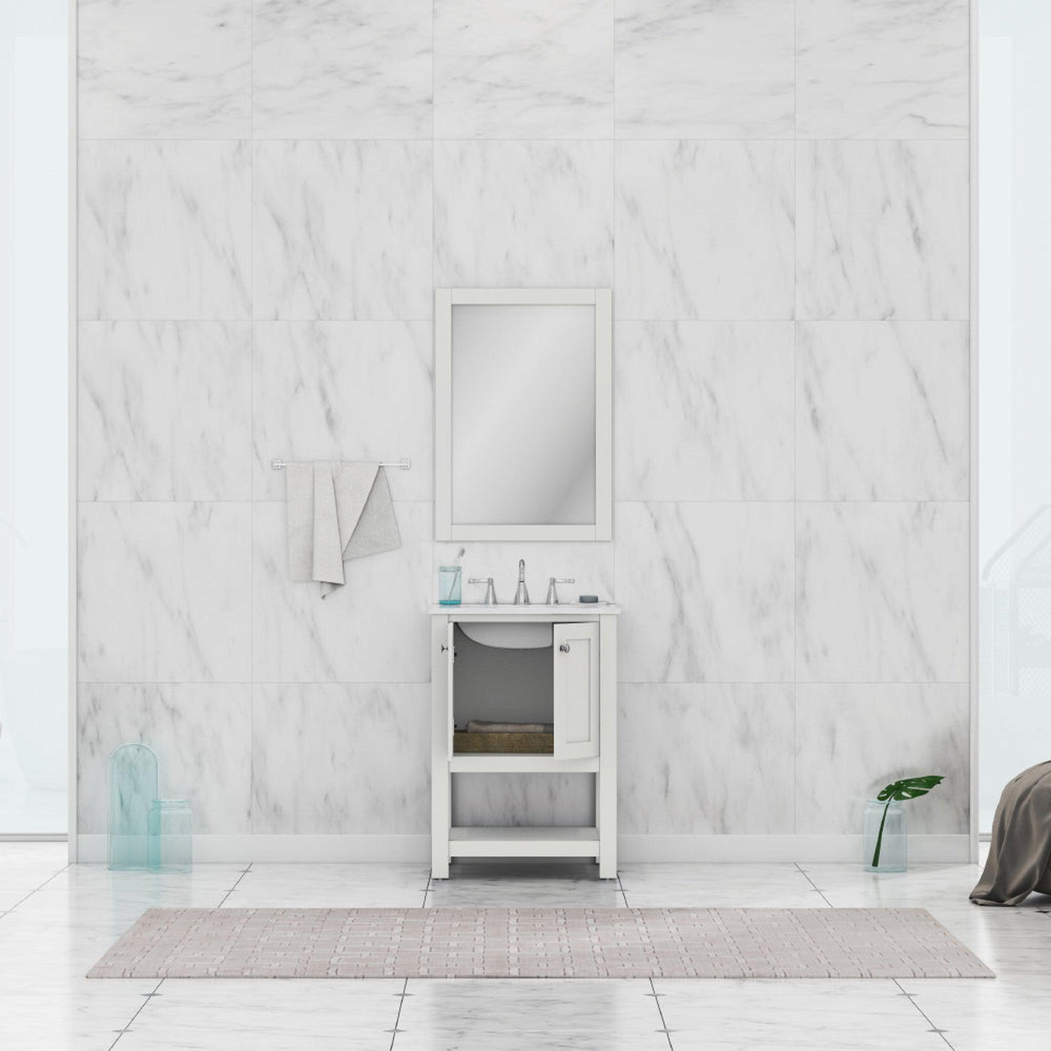Alya Bath Wilmington 24" Single White Freestanding Single Bathroom Vanity With Carrara Marble Top, Ceramic Sink and Wall Mounted Mirror - HE-102-24-W-CWMT+HE-101/102-24-W-M