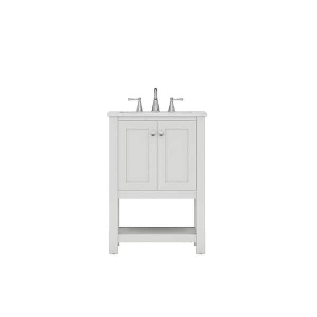 Alya Bath Wilmington 24" Single White Freestanding Single Bathroom Vanity With Carrara Marble Top, Ceramic Sink and Wall Mounted Mirror - HE-102-24-W-CWMT+HE-101/102-24-W-M