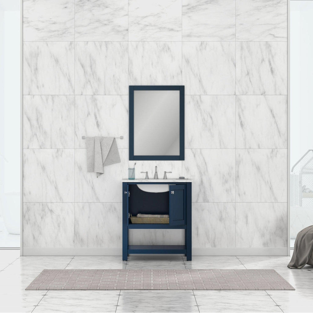 Alya Bath Wilmington 30" Single Blue Freestanding  Bathroom Vanity With Carrara Marble Top, Ceramic Sink and Wall Mounted Mirror - HE-102-30-B-CWMT+HE-101/102-30-B-M