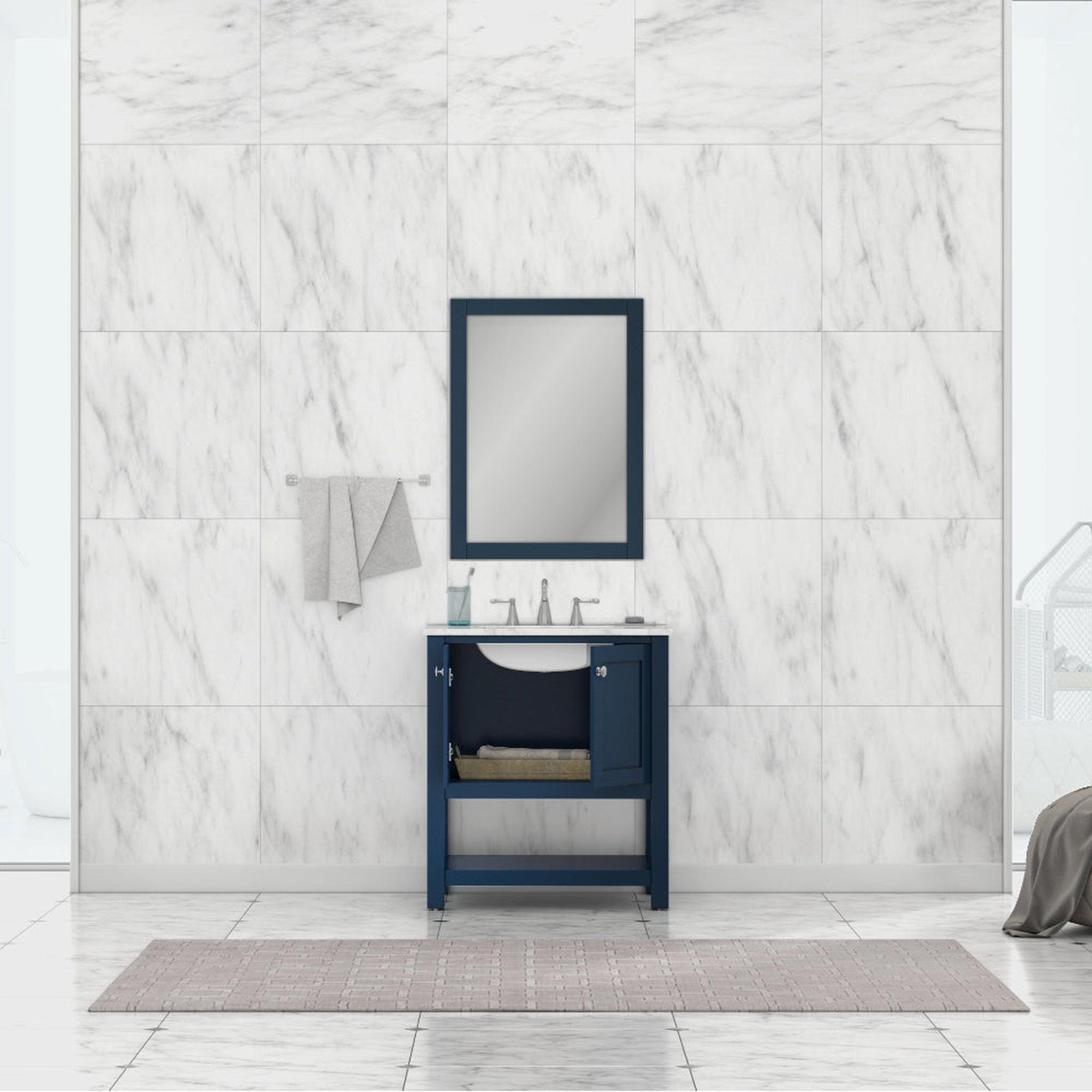 Alya Bath Wilmington 30" Single Blue Freestanding  Bathroom Vanity With Carrara Marble Top, Ceramic Sink and Wall Mounted Mirror - HE-102-30-B-CWMT+HE-101/102-30-B-M