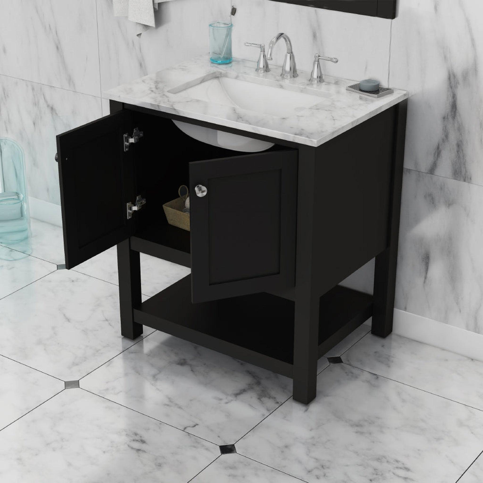 Alya Bath Wilmington 30" Single Espresso Freestanding  Bathroom Vanity With Carrara Marble Top, Ceramic Sink And Wall Mounted Mirror - HE-102-30-E-CWMT+HE-101/102-30-E-M