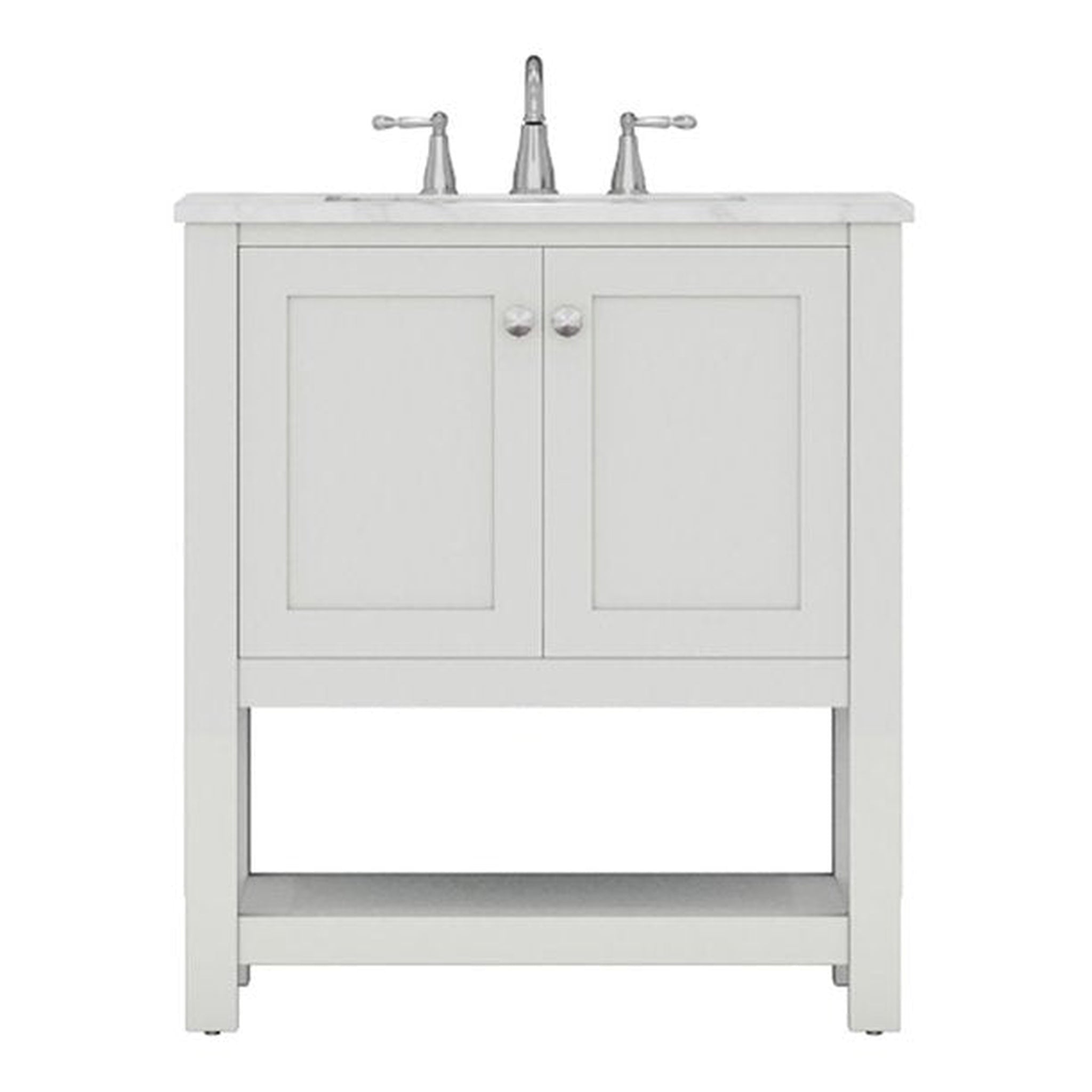 Alya Bath Wilmington 30" Single White Freestanding  Bathroom Vanity With Carrara Marble Top, Ceramic Sink and Wall Mounted Mirror - HE-102-30-W-CWMT+HE-101/102-30-W-M