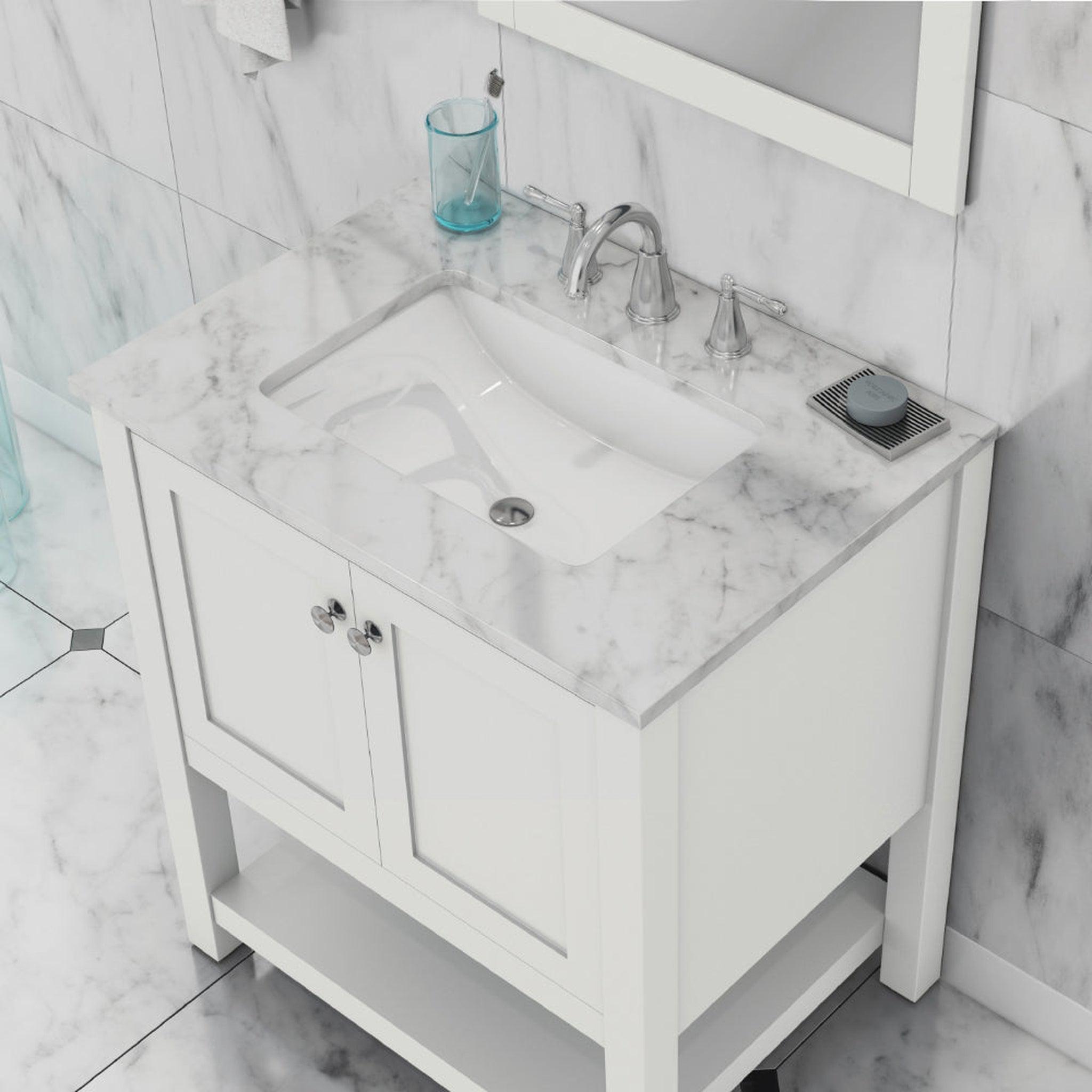 Alya Bath Wilmington 30" Single White Freestanding  Bathroom Vanity With Carrara Marble Top, Ceramic Sink and Wall Mounted Mirror - HE-102-30-W-CWMT+HE-101/102-30-W-M