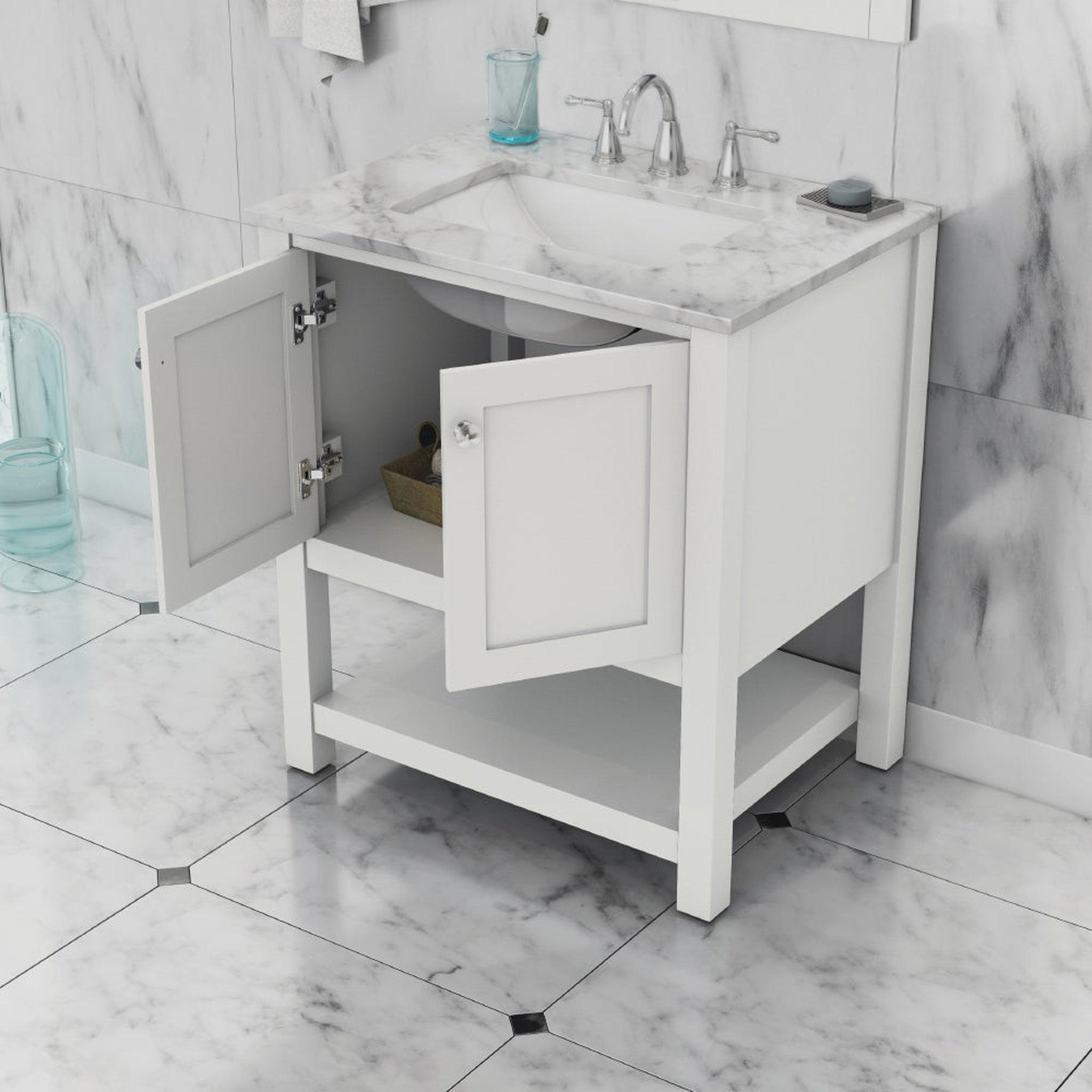 Alya Bath Wilmington 30" Single White Freestanding  Bathroom Vanity With Carrara Marble Top, Ceramic Sink and Wall Mounted Mirror - HE-102-30-W-CWMT+HE-101/102-30-W-M