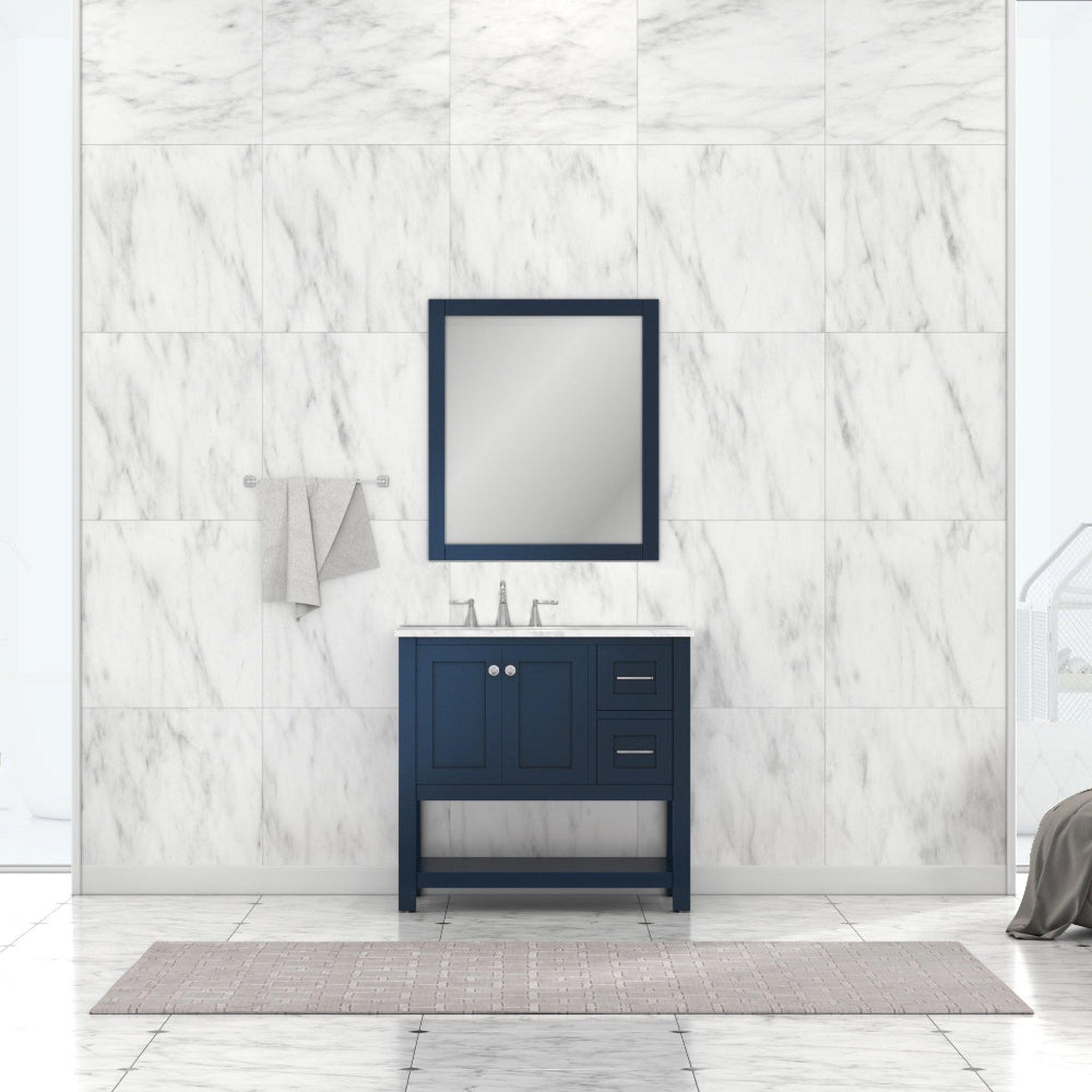 Alya Bath Wilmington 36" Single Blue Freestanding  Bathroom Vanity With Carrara Marble Top, Ceramic Sink and Wall Mounted Mirror - HE-102-36-B-CWMT+HE-101/102-36-B-M