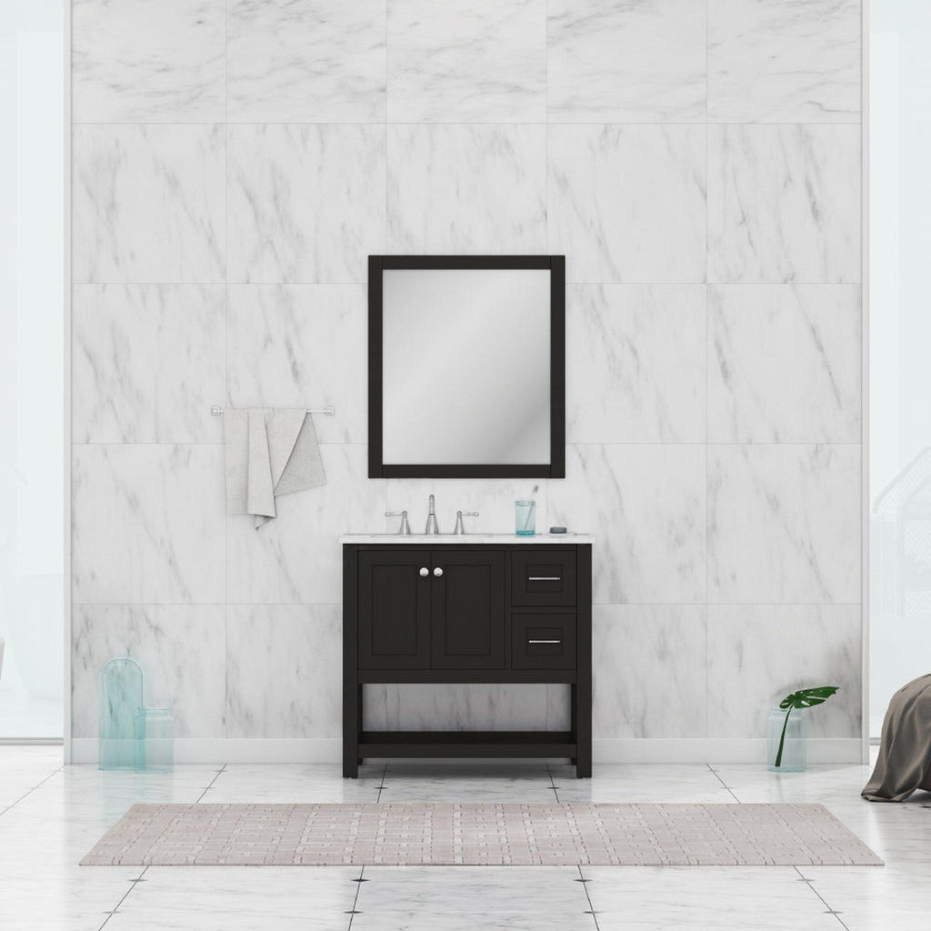 Alya Bath Wilmington 36" Single Espresso Freestanding  Bathroom Vanity With Carrara Marble Top, Ceramic Sink and Wall Mounted Mirror - HE-102-36-E-CWMT+HE-101/102-36-E-M