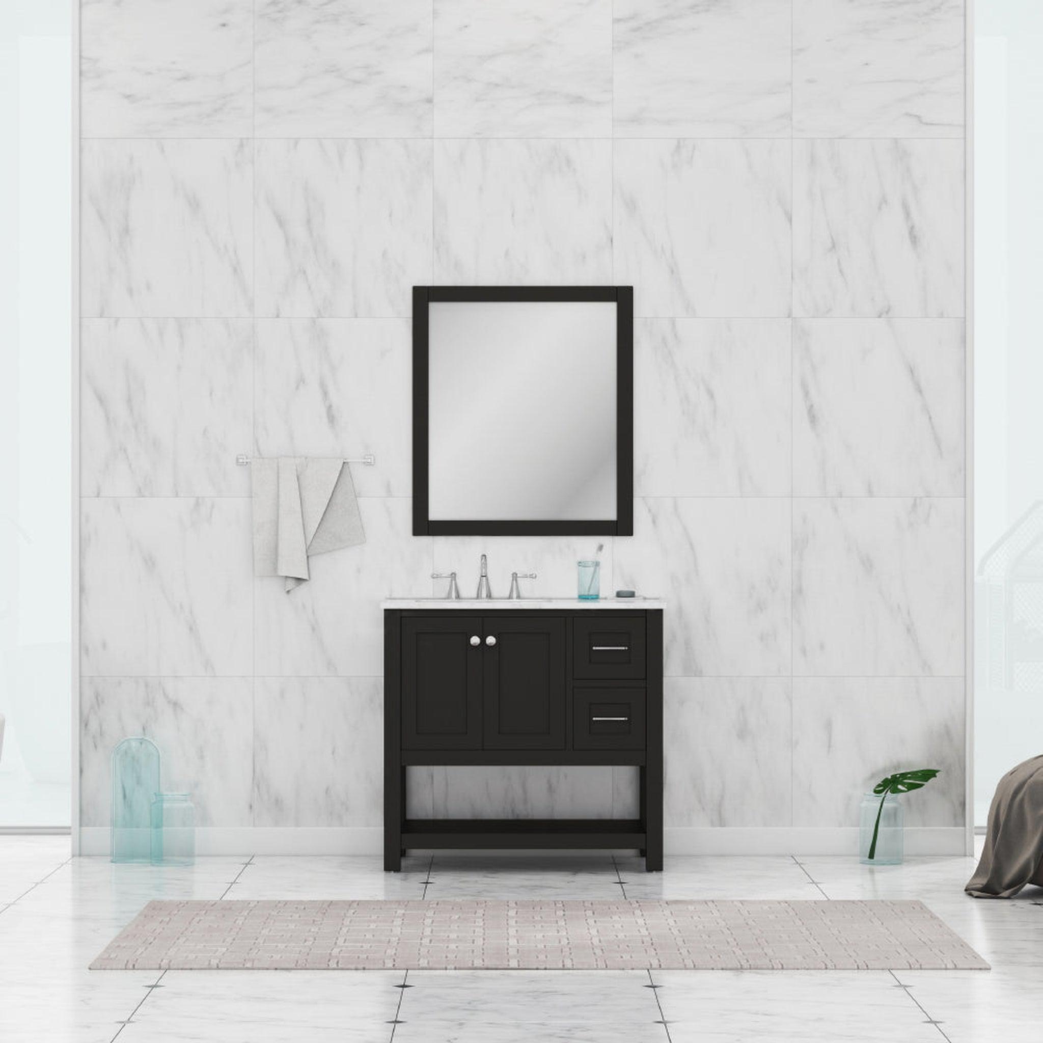 Alya Bath Wilmington 36" Single Espresso Freestanding  Bathroom Vanity With Carrara Marble Top, Ceramic Sink and Wall Mounted Mirror - HE-102-36-E-CWMT+HE-101/102-36-E-M