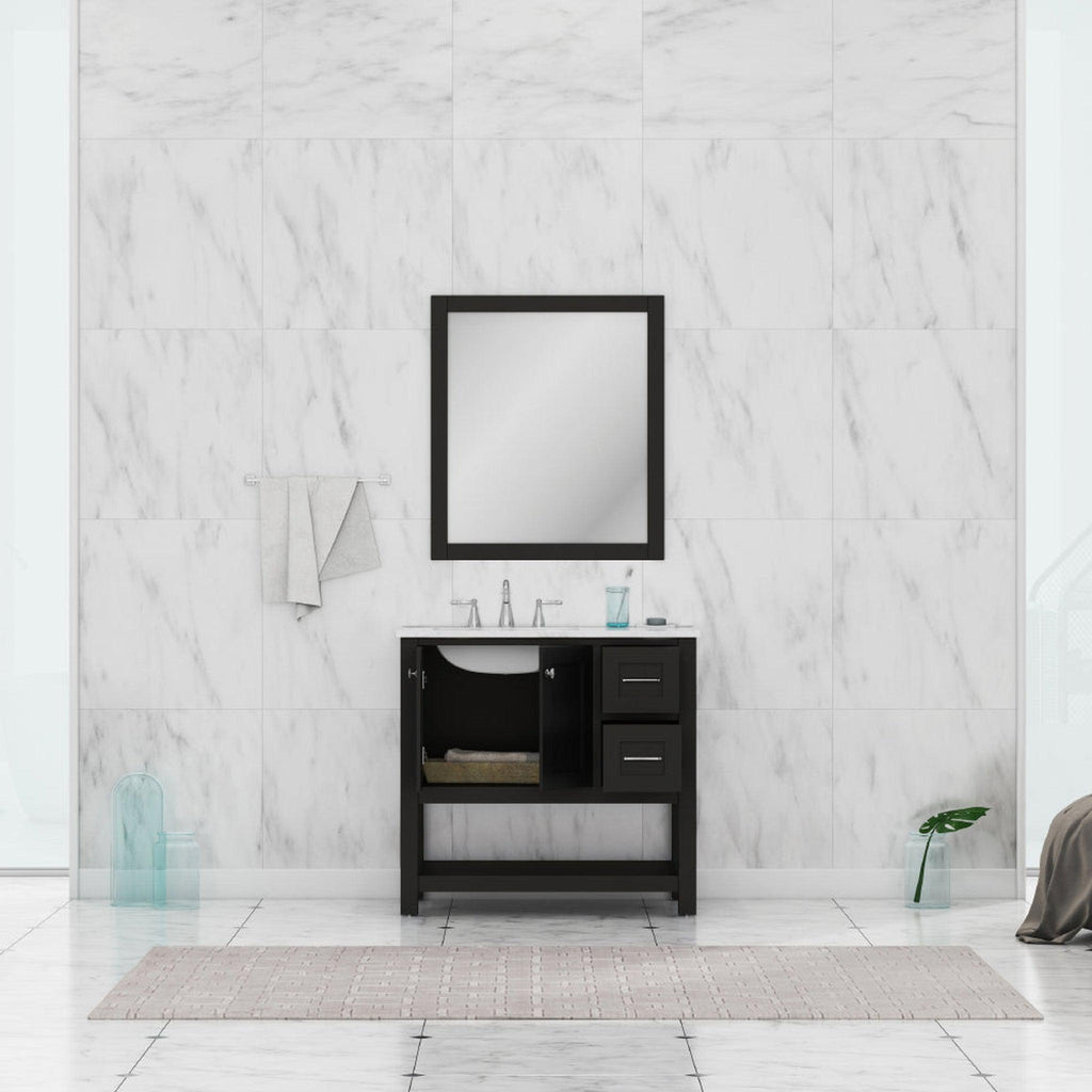 Alya Bath Wilmington 36" Single Espresso Freestanding  Bathroom Vanity With Carrara Marble Top, Ceramic Sink and Wall Mounted Mirror - HE-102-36-E-CWMT+HE-101/102-36-E-M