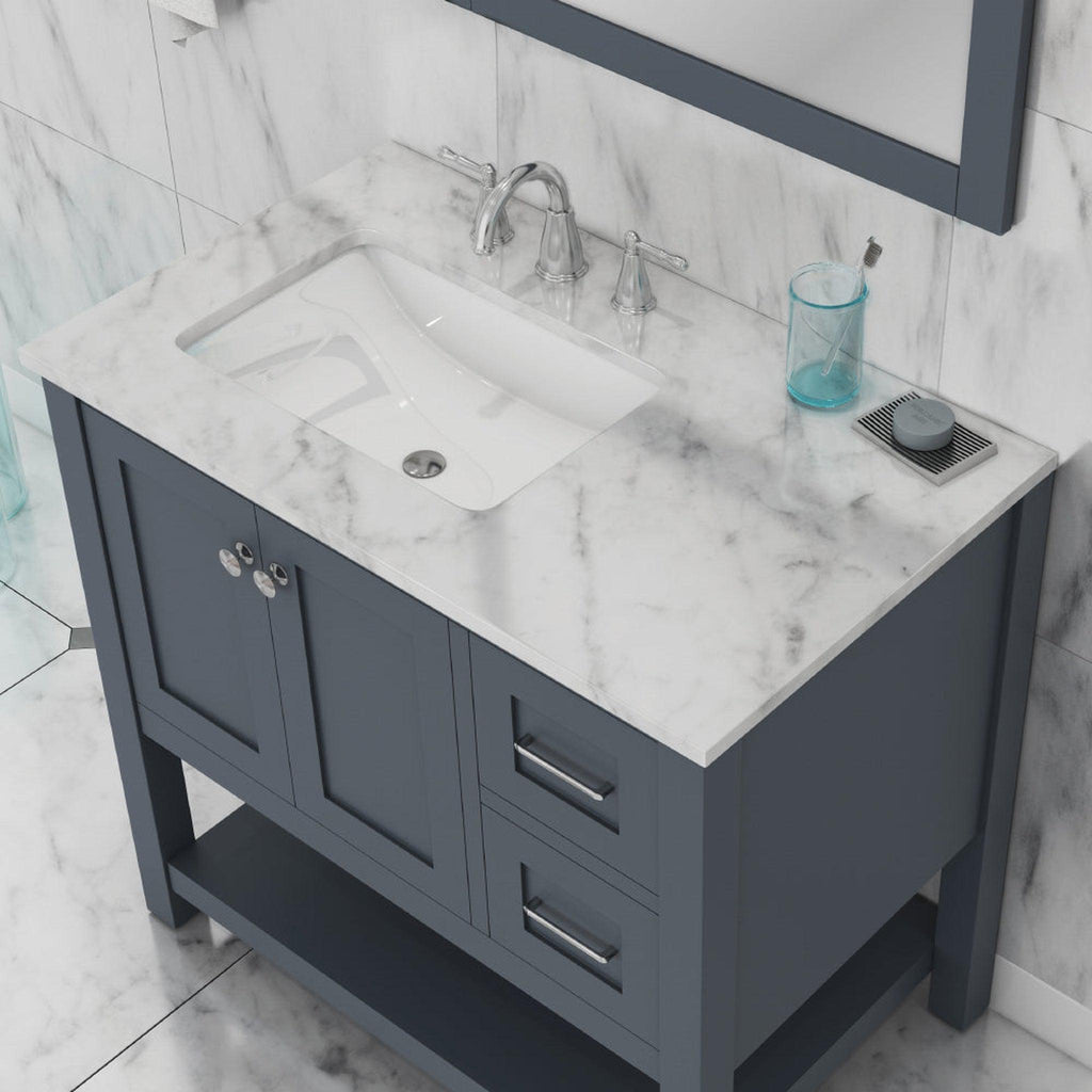Alya Bath Wilmington 36" Single Gray Freestanding  Bathroom Vanity With Carrara Marble Top, Ceramic Sink and Wall Mounted Mirror - HE-102-36-G-CWMT+HE-101/102-36-G-M