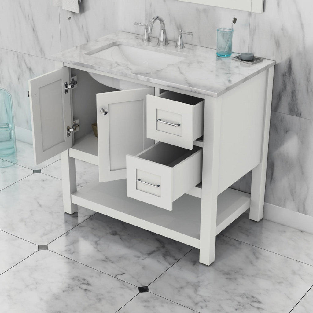 Alya Bath Wilmington 36" Single White Freestanding  Bathroom Vanity With Carrara Marble Top, Ceramic Sink and Wall Mounted Mirror - HE-102-36-W-CWMT+HE-101/102-36-W-M