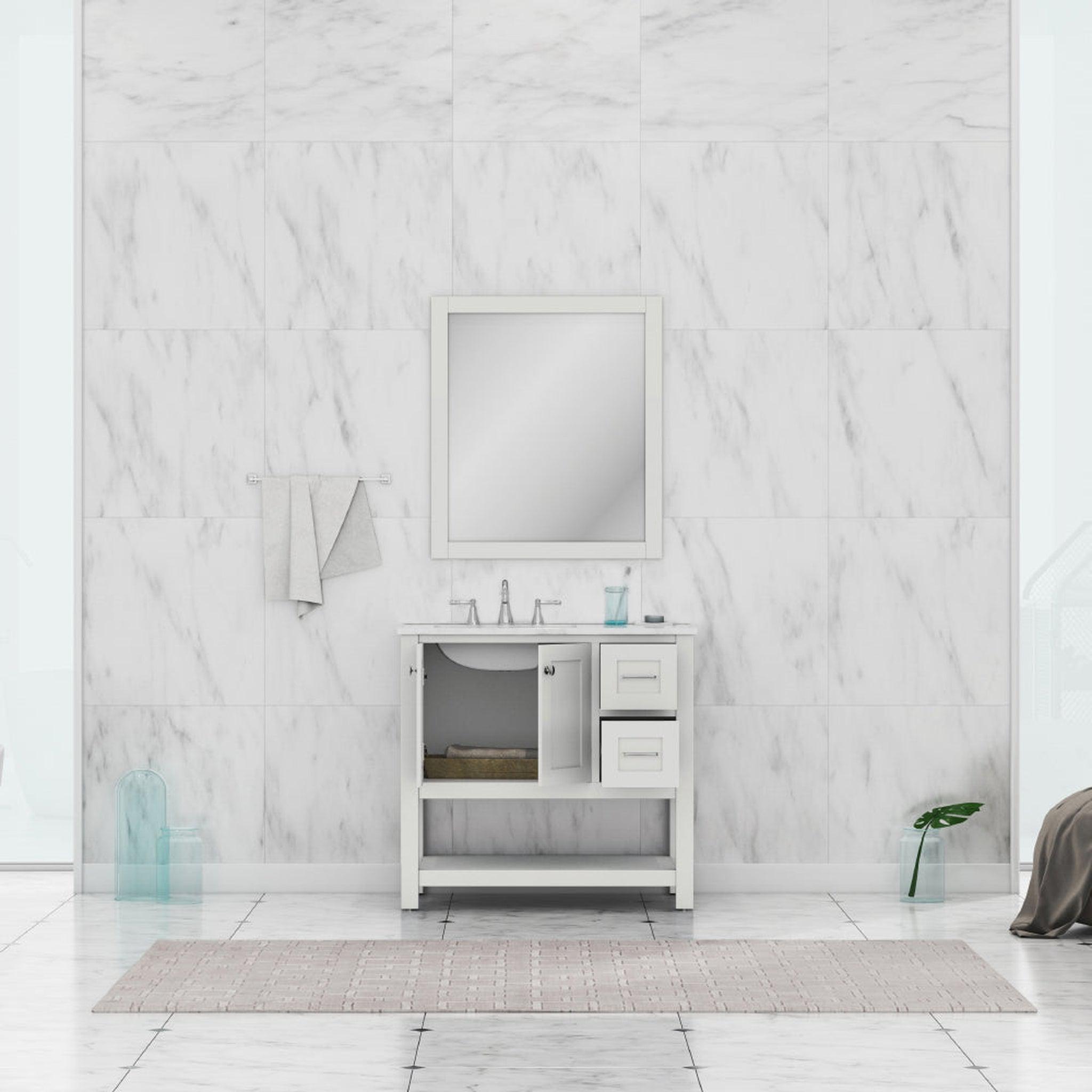 Alya Bath Wilmington 36" Single White Freestanding  Bathroom Vanity With Carrara Marble Top, Ceramic Sink and Wall Mounted Mirror - HE-102-36-W-CWMT+HE-101/102-36-W-M