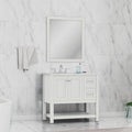 Alya Bath Wilmington 36" Single White Freestanding  Bathroom Vanity With Carrara Marble Top, Ceramic Sink and Wall Mounted Mirror - HE-102-36-W-CWMT+HE-101/102-36-W-M