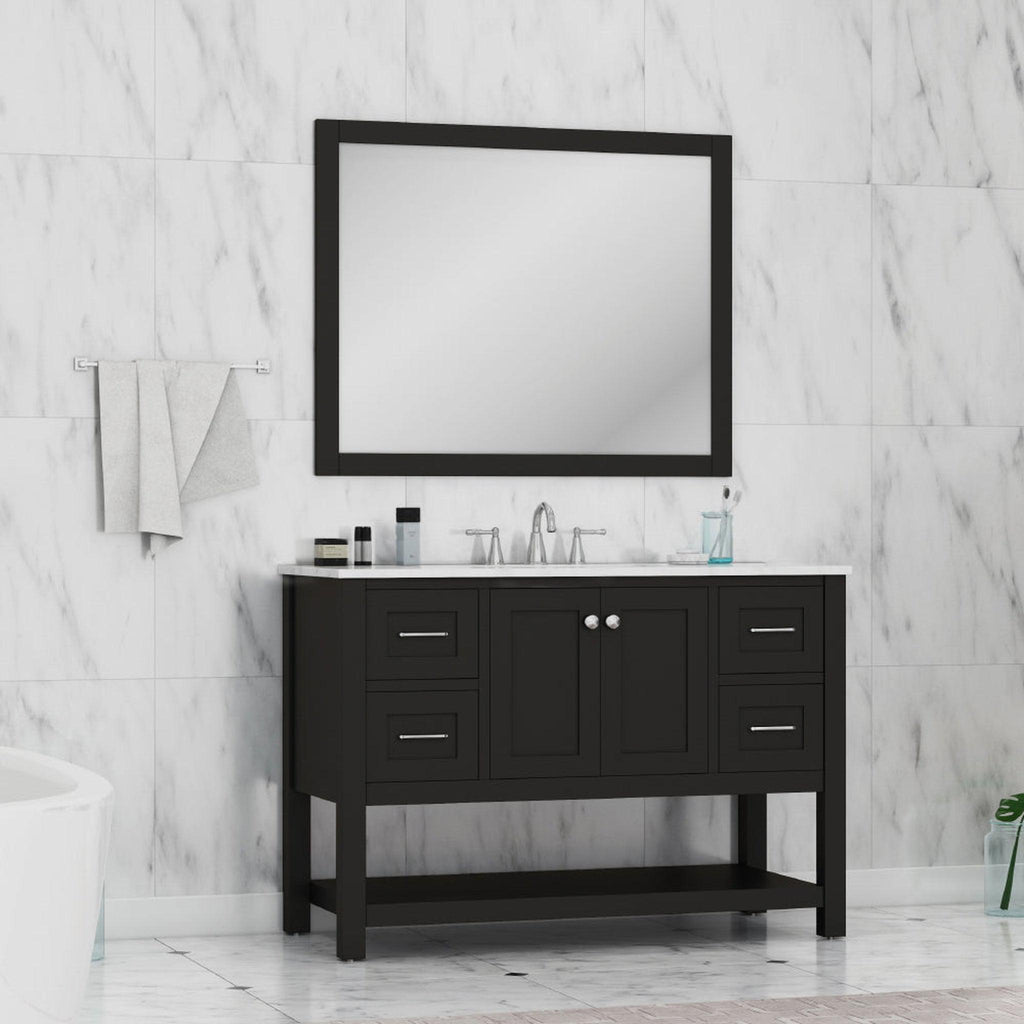 Alya Bath Wilmington 48" Single Espresso Freestanding  Bathroom Vanity With Carrara Marble Top, Ceramic Sink and Wall Mounted Mirror - HE-102-48-E-CWMT+HE-101/102-42-E-M