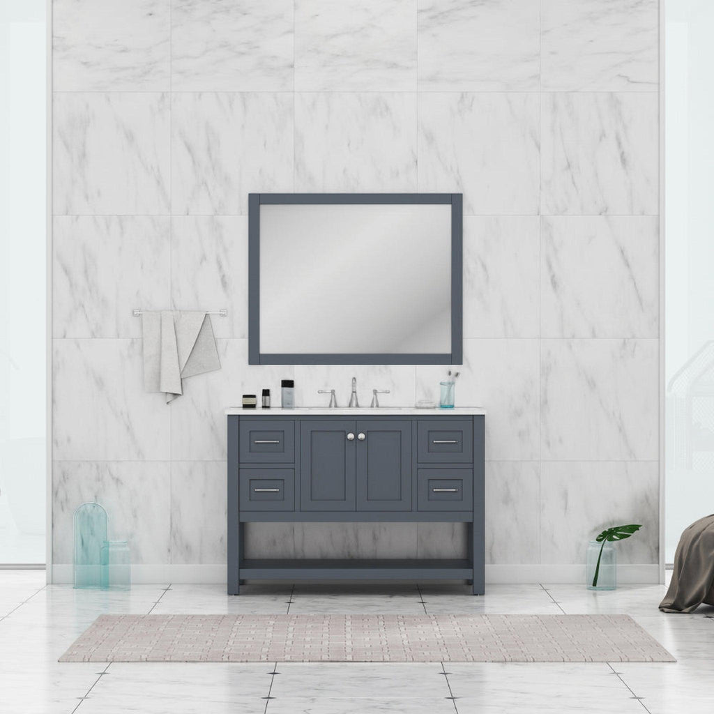 Alya Bath Wilmington 48" Single Gray Freestanding  Bathroom Vanity With Carrara Marble Top, Ceramic Sink and Wall Mounted Mirror - HE-102-48-G-CWMT+HE-101/102-42-G-M