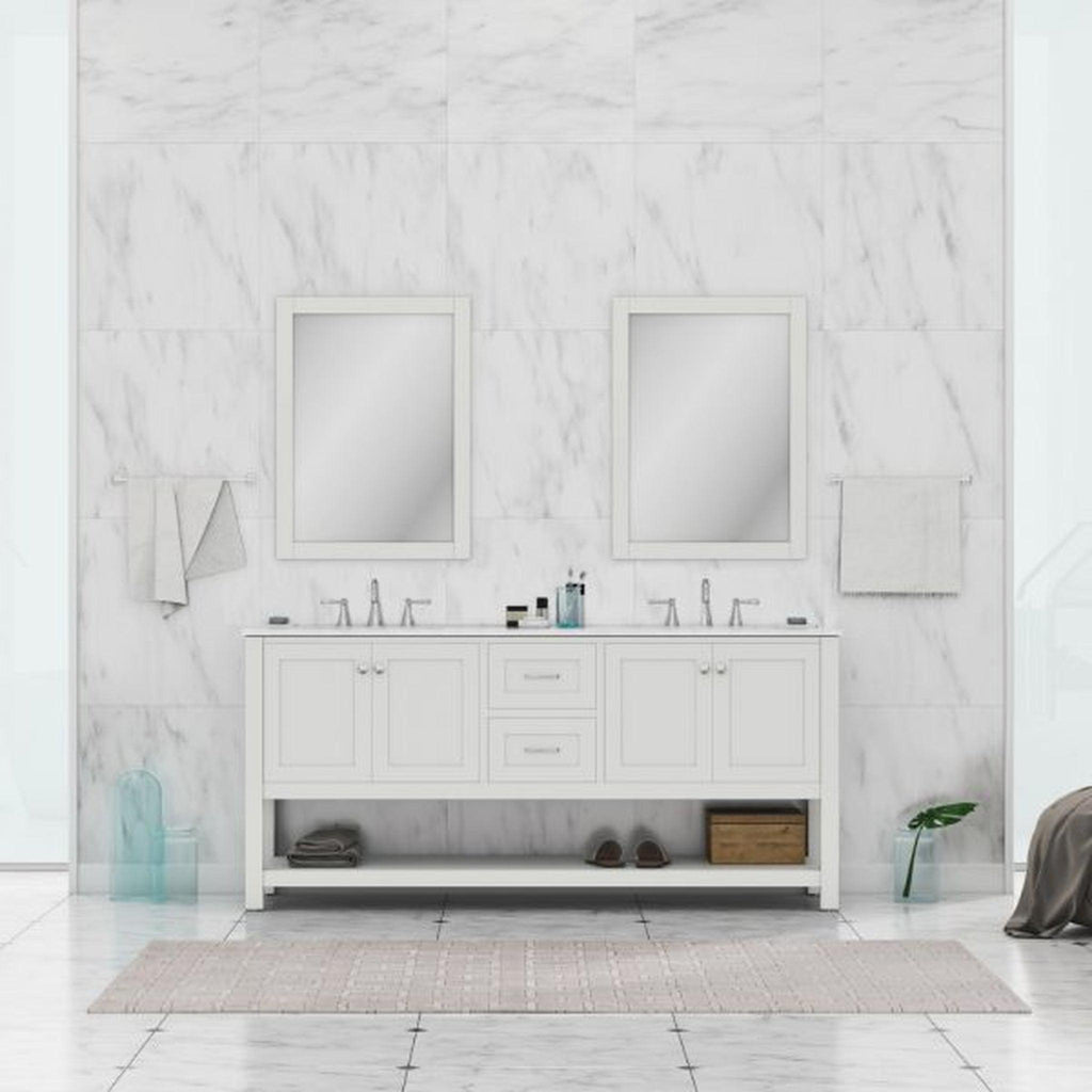 Alya Bath Wilmington 72" Double White Freestanding  Bathroom Vanity With Carrara Marble Top, Ceramic Sink and Wall Mounted Mirror - HE-102-72D-W-CWMT+2x HE-101/102-30-W-M