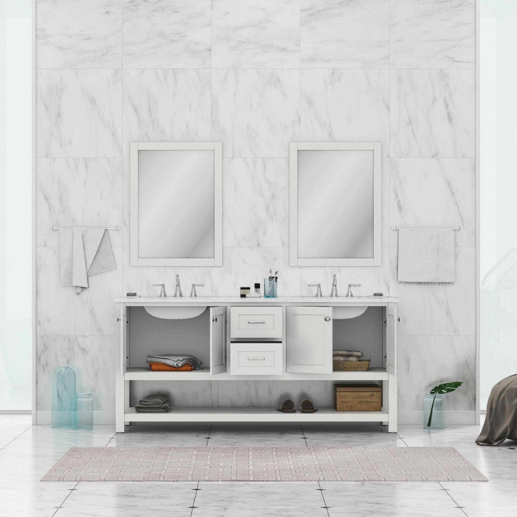 Alya Bath Wilmington 72" Double White Freestanding  Bathroom Vanity With Carrara Marble Top, Ceramic Sink and Wall Mounted Mirror - HE-102-72D-W-CWMT+2x HE-101/102-30-W-M