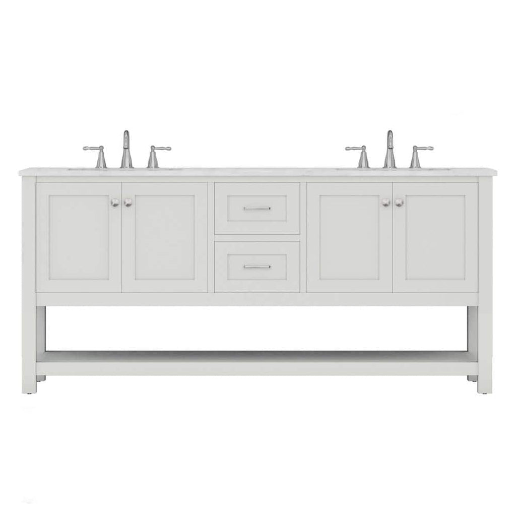 Alya Bath Wilmington 72" Double White Freestanding  Bathroom Vanity With Carrara Marble Top, Ceramic Sink and Wall Mounted Mirror - HE-102-72D-W-CWMT+2x HE-101/102-30-W-M