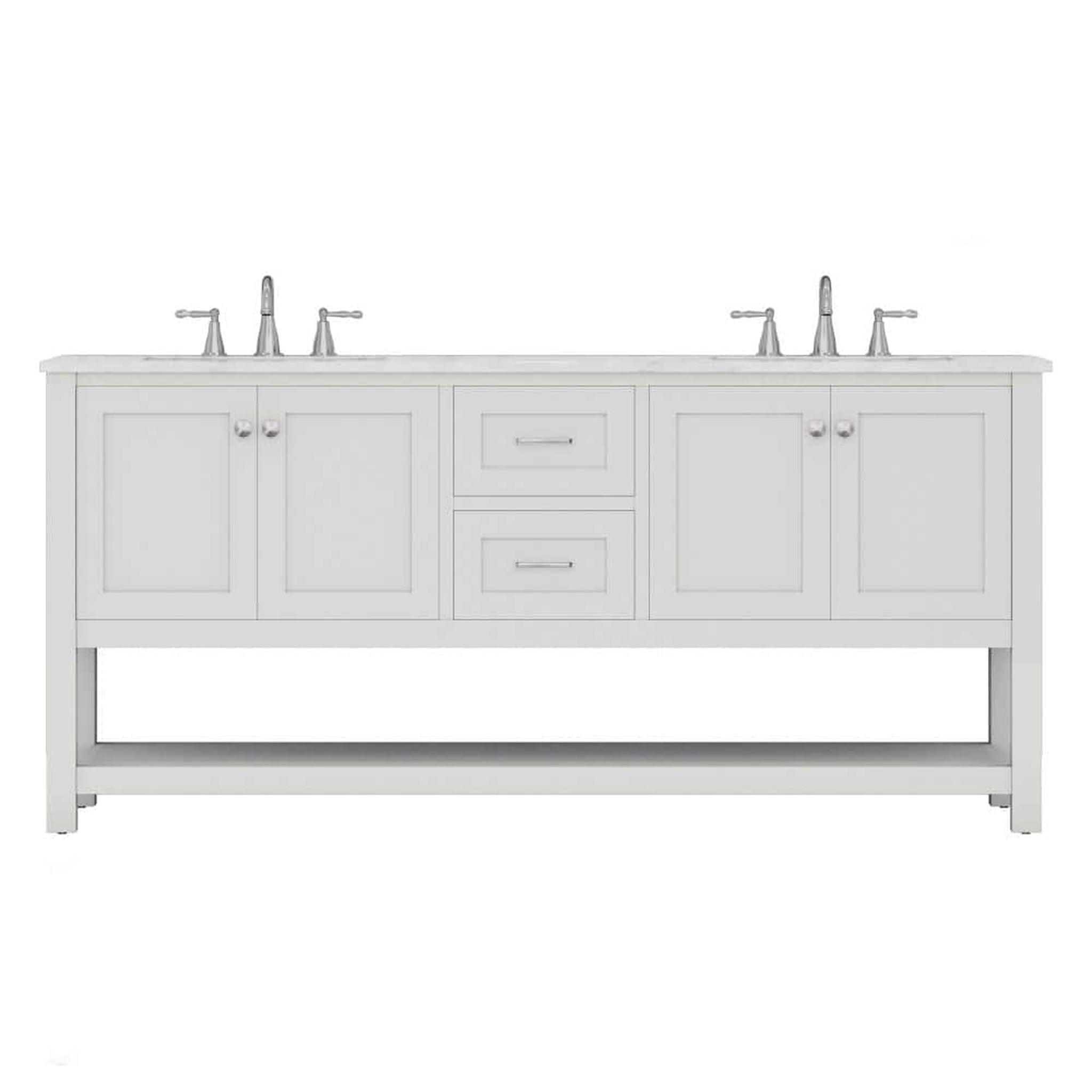 Alya Bath Wilmington 72" Double White Freestanding  Bathroom Vanity With Carrara Marble Top, Ceramic Sink and Wall Mounted Mirror - HE-102-72D-W-CWMT+2x HE-101/102-30-W-M