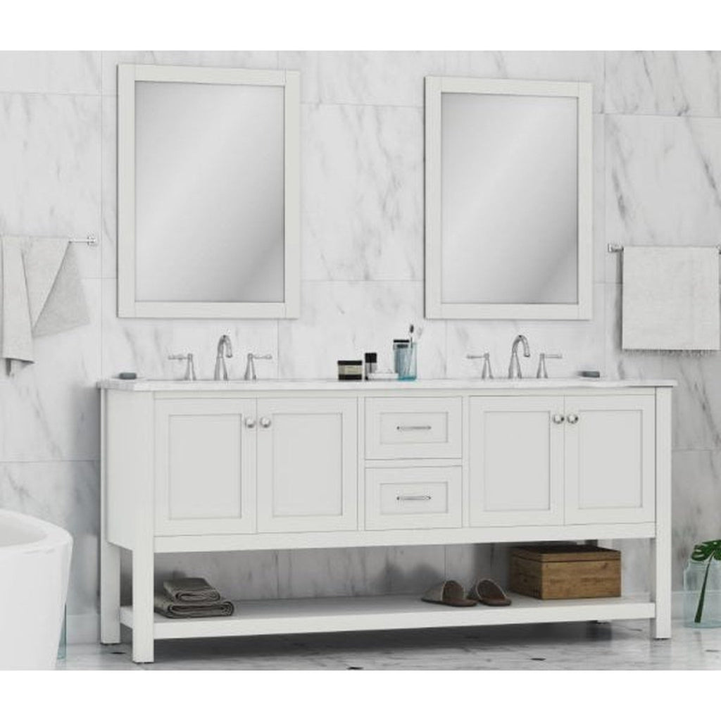 Alya Bath Wilmington 72" Double White Freestanding  Bathroom Vanity With Carrara Marble Top, Ceramic Sink and Wall Mounted Mirror - HE-102-72D-W-CWMT+2x HE-101/102-30-W-M