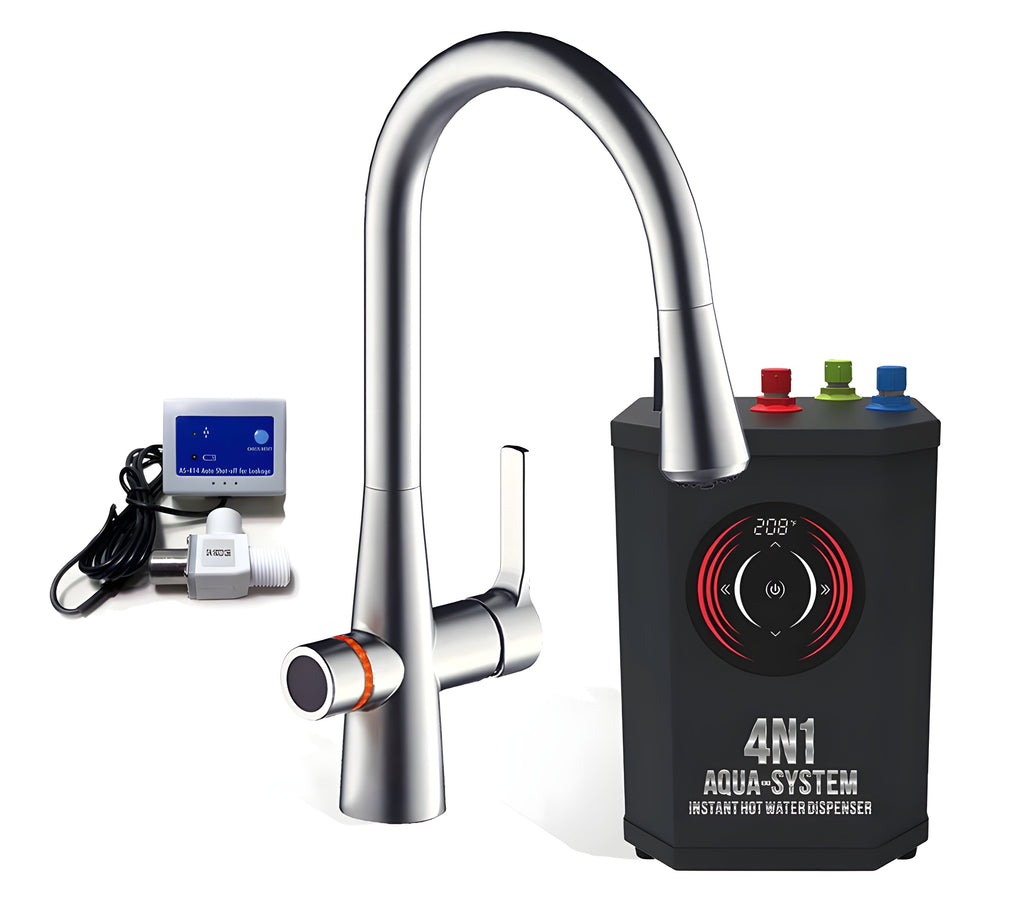 AquaNuTech 4N1 Aqua-System Faucet with Hot Water Dispenser and Leak Detector New - 4N1AS-CH